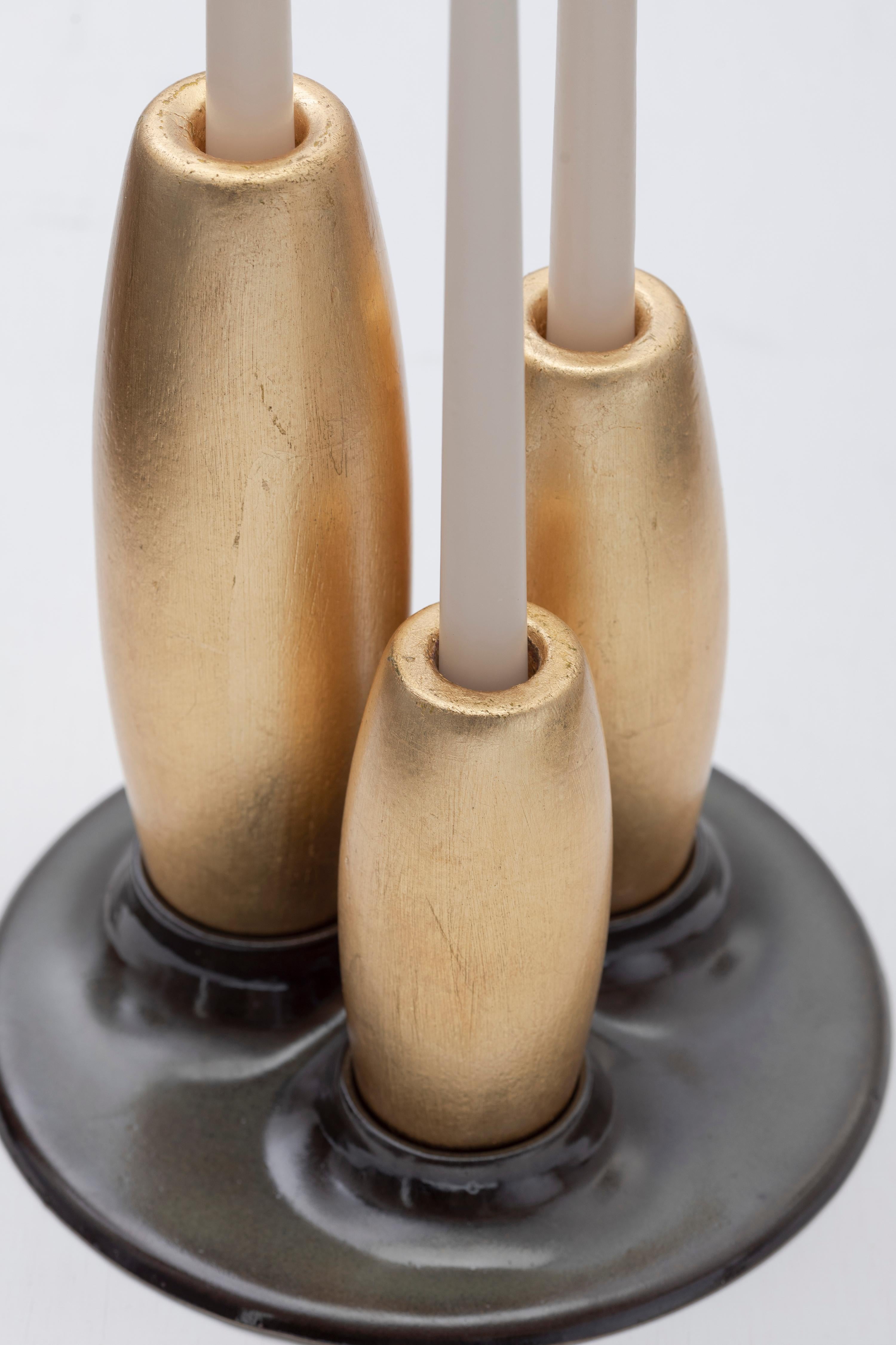 SALAR Decorative Ceramic Candleholder w Gold Leaf Solid Wood Plynths by ANDEAN For Sale 1