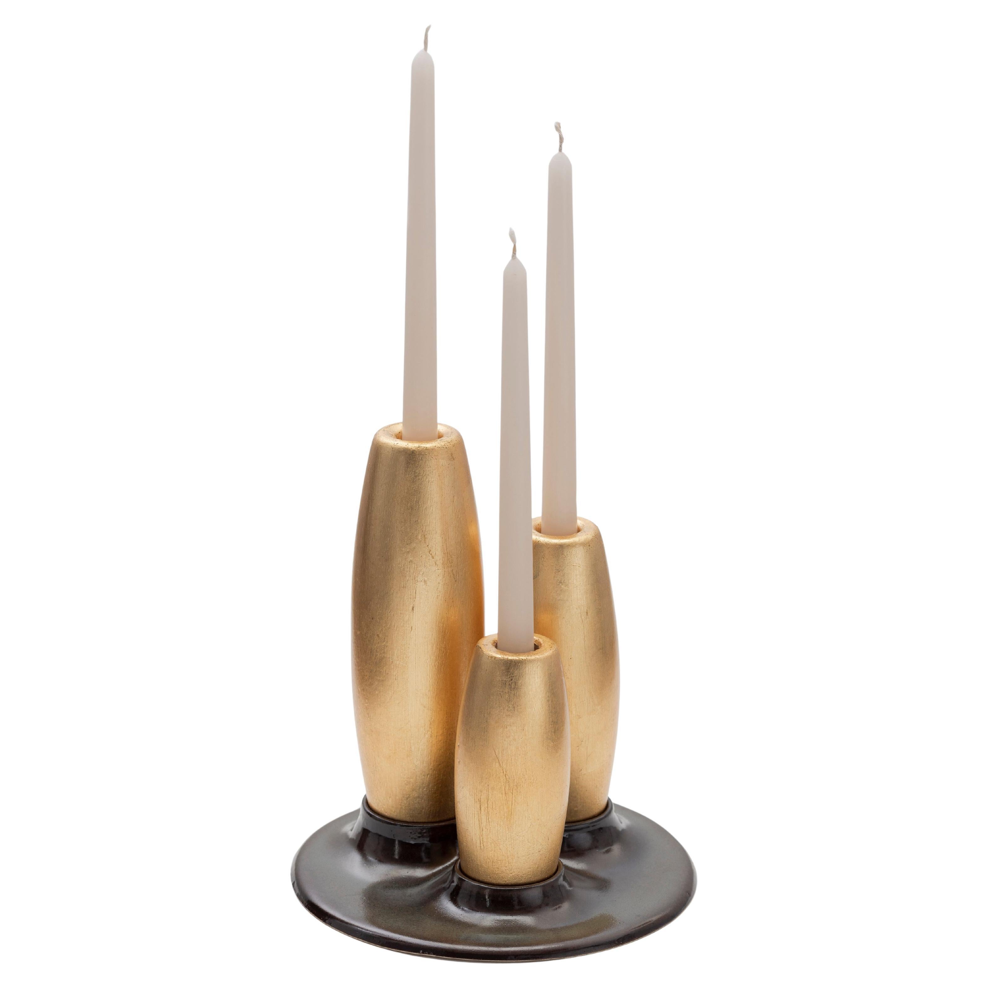 SALAR Decorative Ceramic Candleholder w Gold Leaf Solid Wood Plynths by ANDEAN