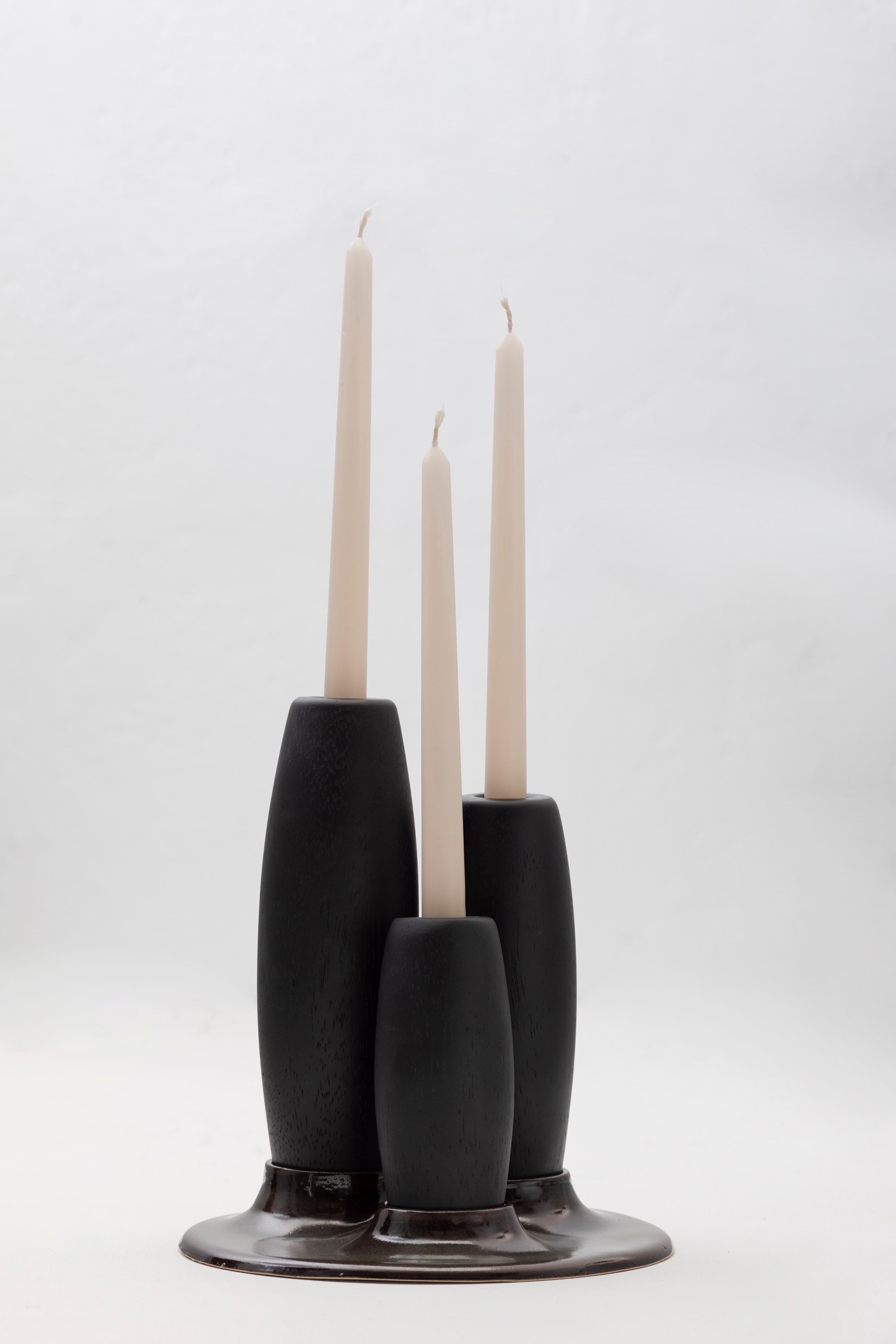 Contemporary SALAR Decorative Ceramic Candleholder with Ébano Solid Wood Plynths by ANDEAN For Sale
