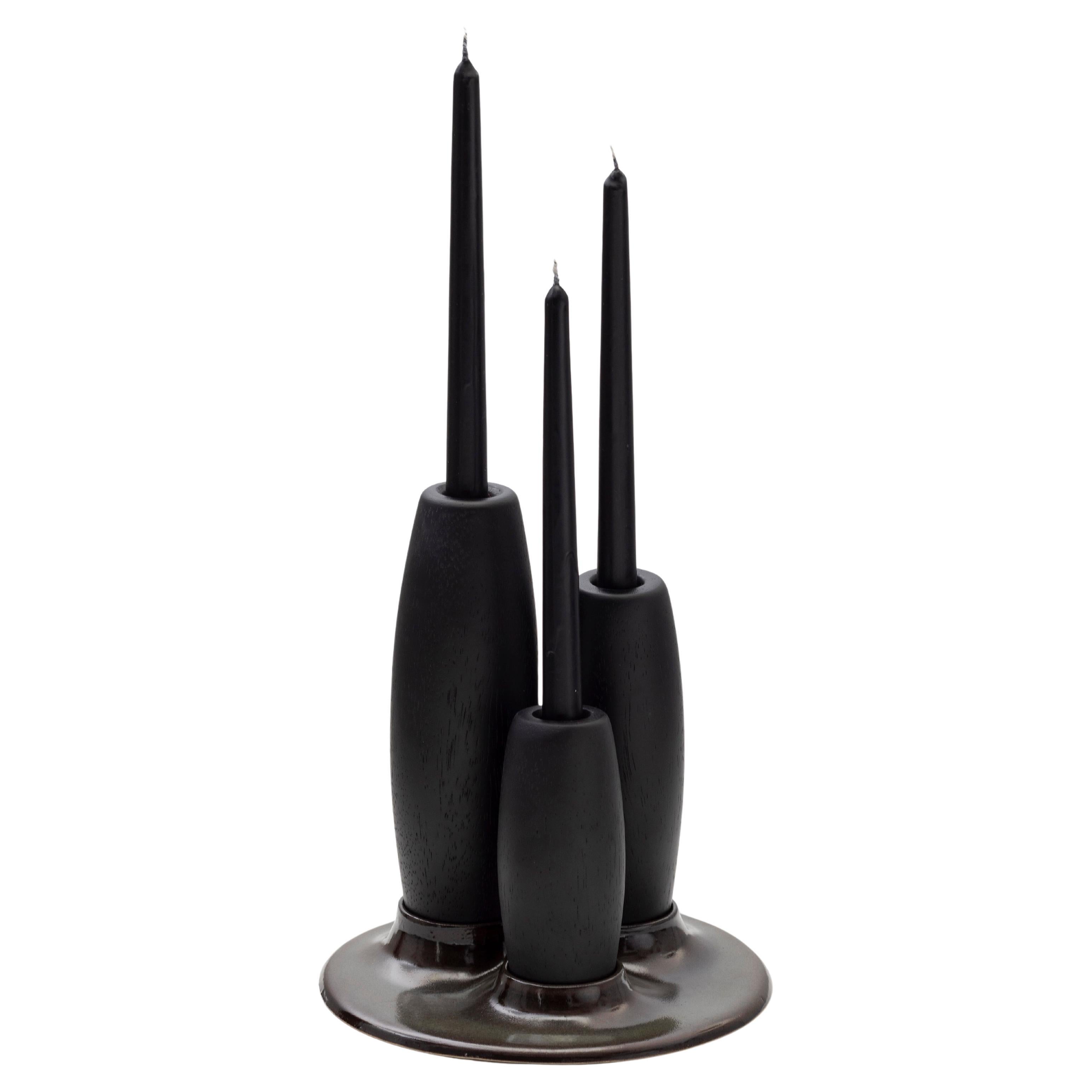 SALAR Decorative Ceramic Candleholder with Ébano Solid Wood Plynths by ANDEAN For Sale