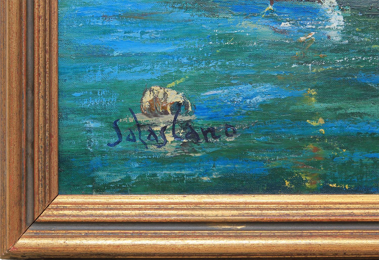 Impressionist blue toned nautical landscape depicting docked ships at bay. Signed 