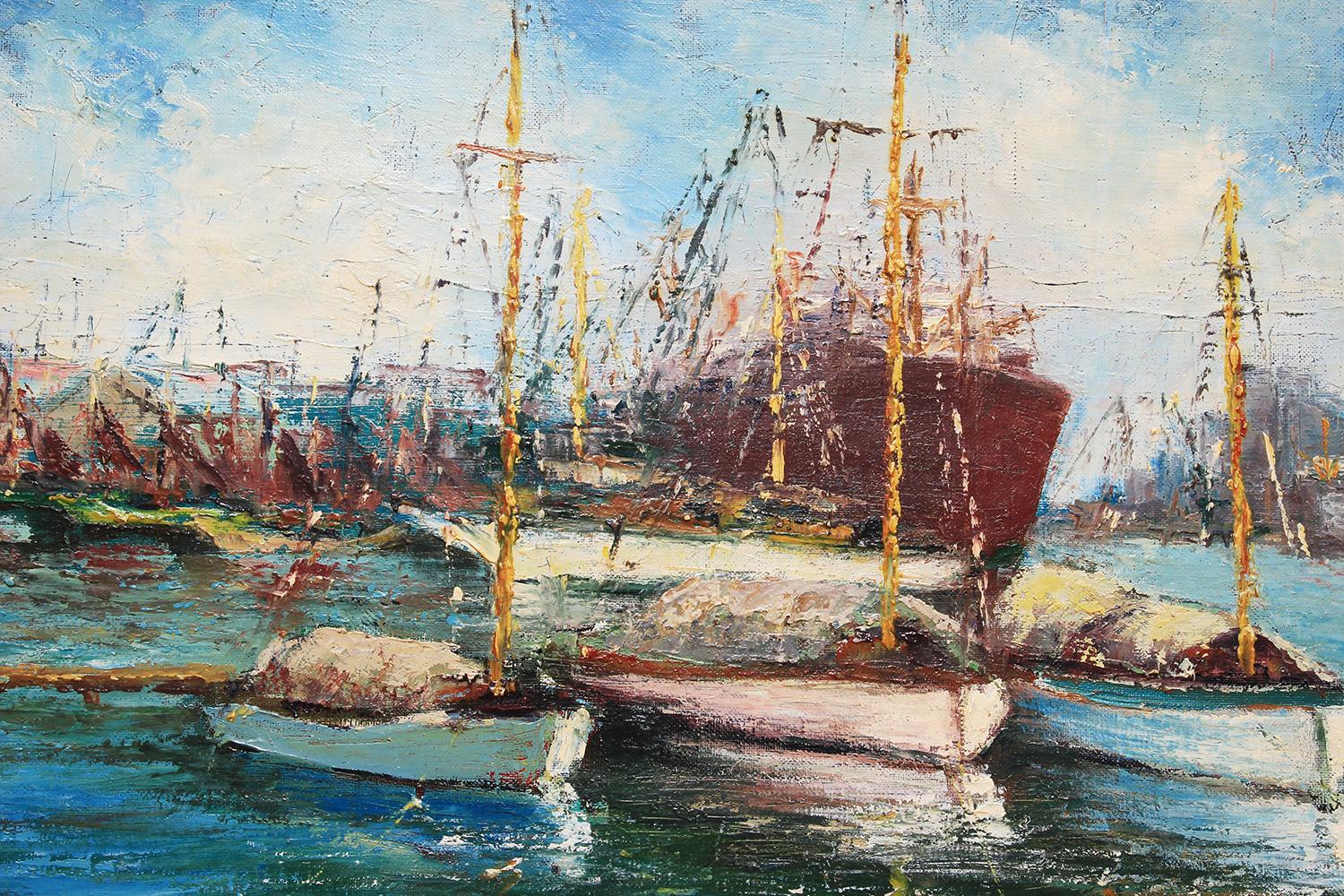 Impressionist Pastel Blue Toned Nautical Landscape Painting of Boats at Sea 1