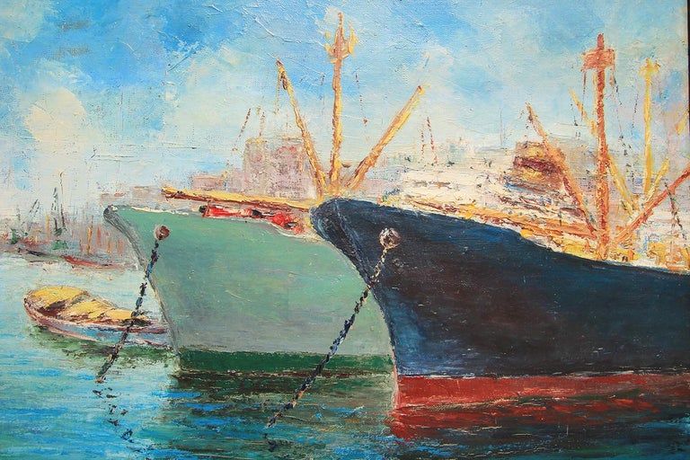 Impressionist Pastel Blue Toned Nautical Landscape Painting of Boats at Sea For Sale 5