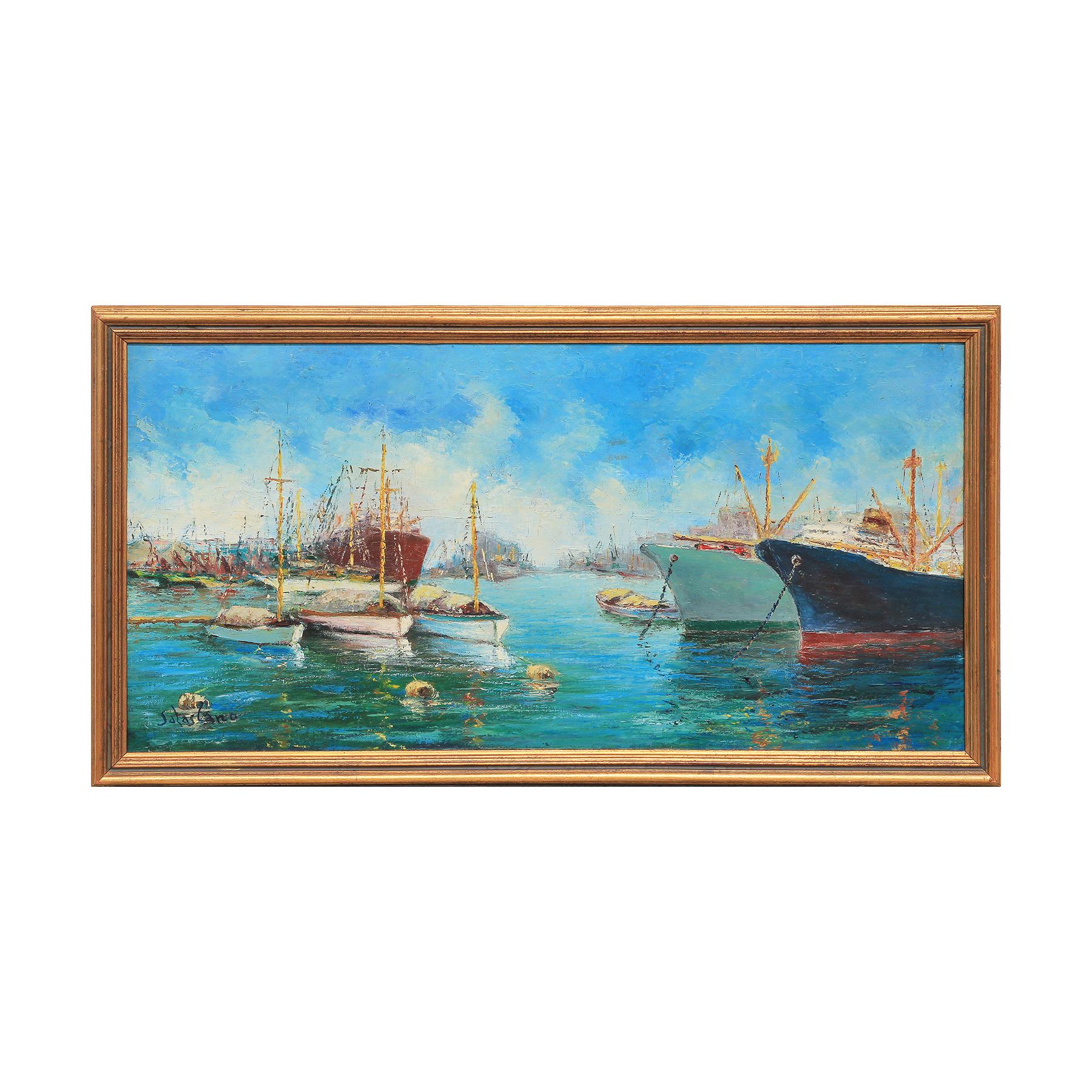 Impressionism oil PAINTING sailboat boat dock landscape small vintage hand painted original c1970s  art home decor  by Cruz