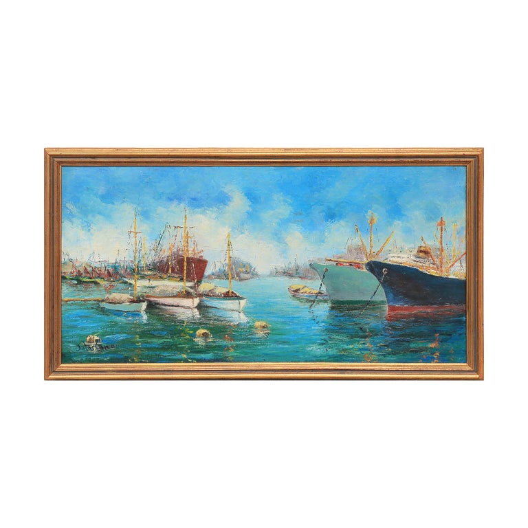 Impressionist blue toned nautical landscape depicting docked ships at bay. Signed "Salas Lano" by artist at bottom left. Framed in a gold wooden frame.

Dimensions Without Frame: H 19.5 in. x W 39.5 in. 