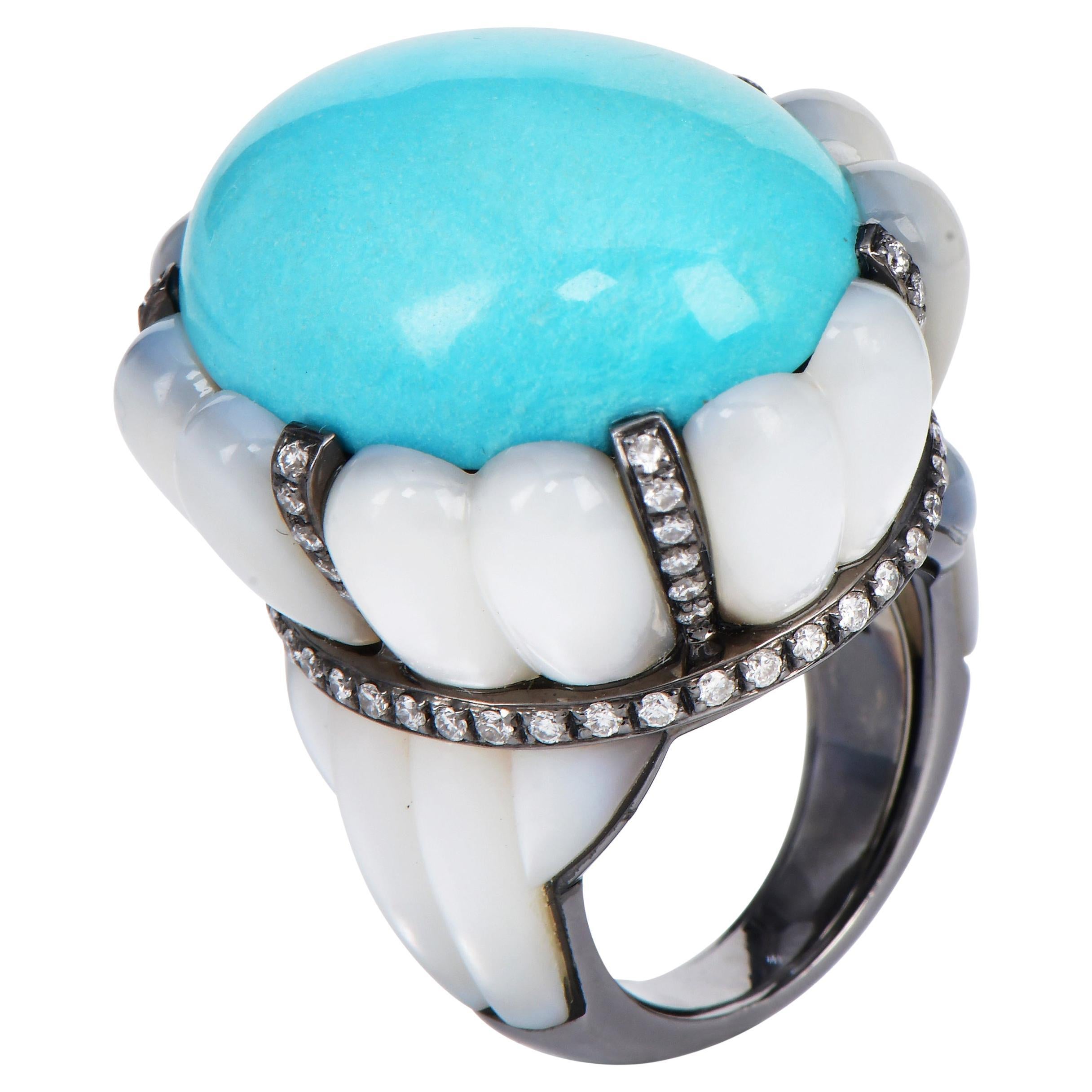SALAVATTI 18K Gold Turquoise Mother of Pearl Cocktail Ring For Sale