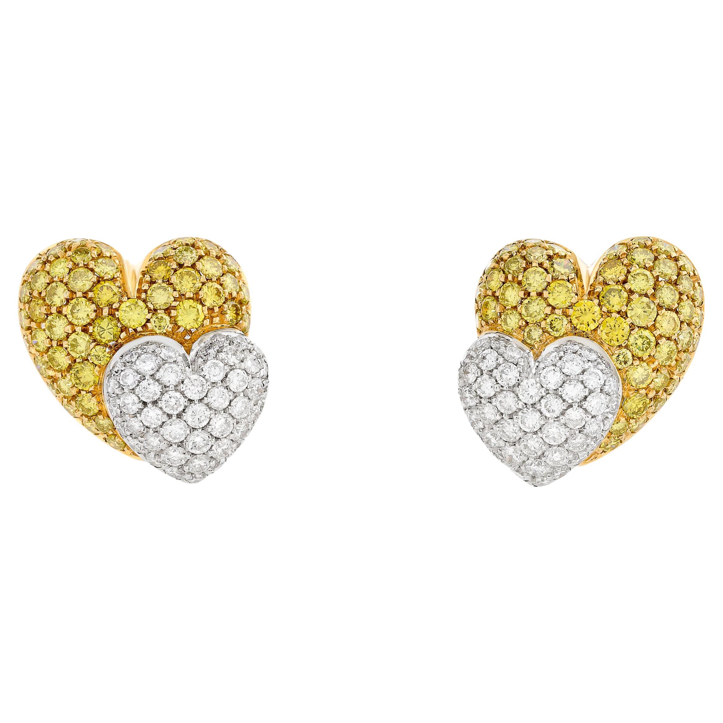 Salavetti 18-karat Two Tone Gold White and Yellow Diamond Heart Earrings For Sale