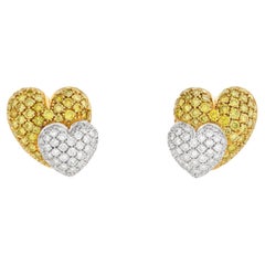 Salavetti, boucles d'oreilles cœurs en or bicolore 18 carats avec diamants blancs et jaunes