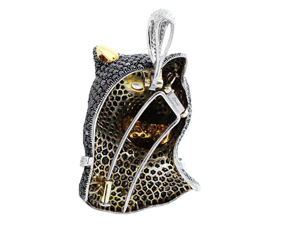 Salavetti 18 Karat White Gold Black Diamond Panthere Pendant In Excellent Condition For Sale In La Jolla, CA