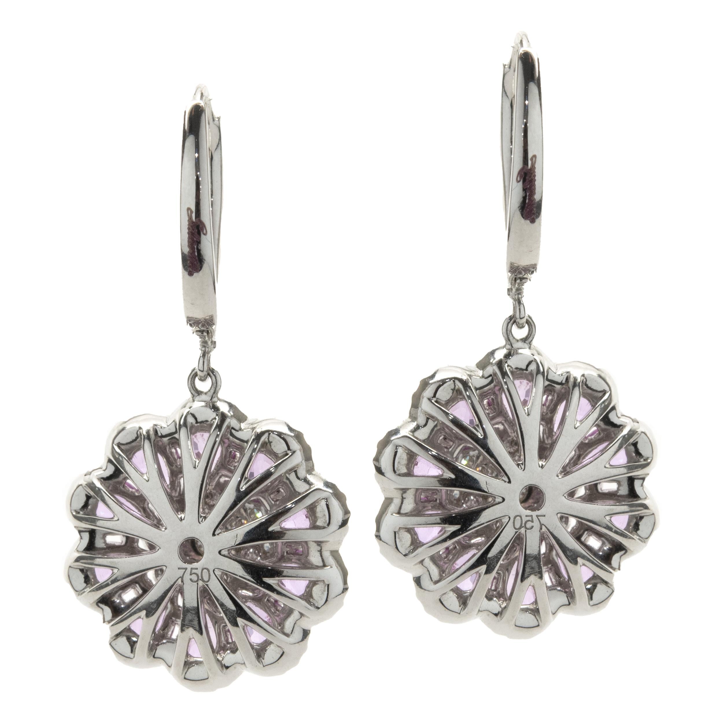 Designer: Salavetti
Material: 18K white gold
Diamond: 58 round brilliant cut = .60cttw
Color: G 
Clarity: VS1
Pink Sapphire: 22 pear cut = 4.50cttw
Weight: 8.00 grams
Dimensions: earrings measure 30 X 15.80mm
