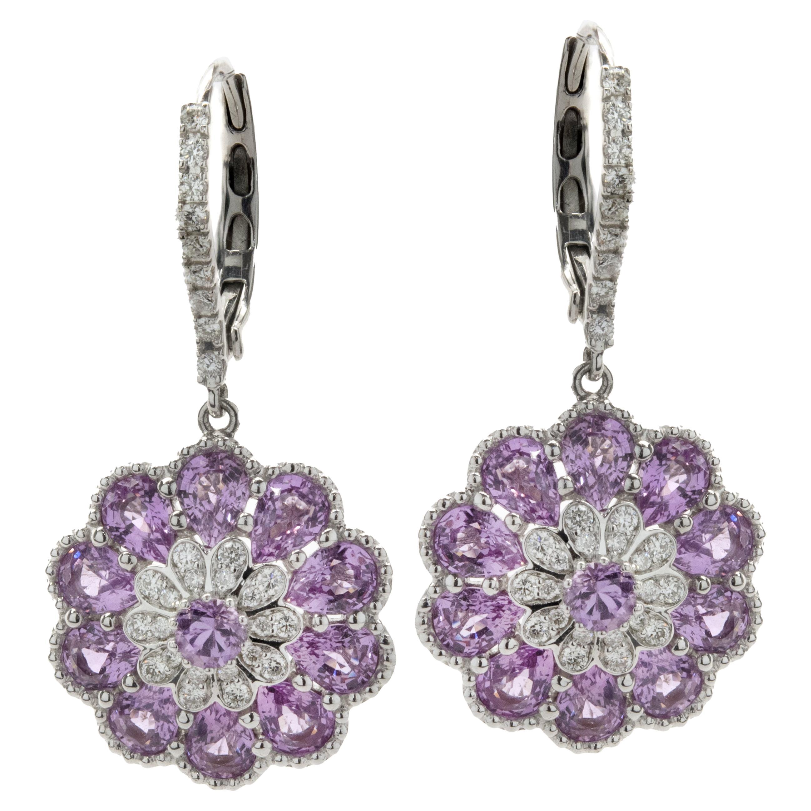 Salavetti 18 Karat White Gold Pink Sapphire and Diamond Floral Drop Earrings For Sale