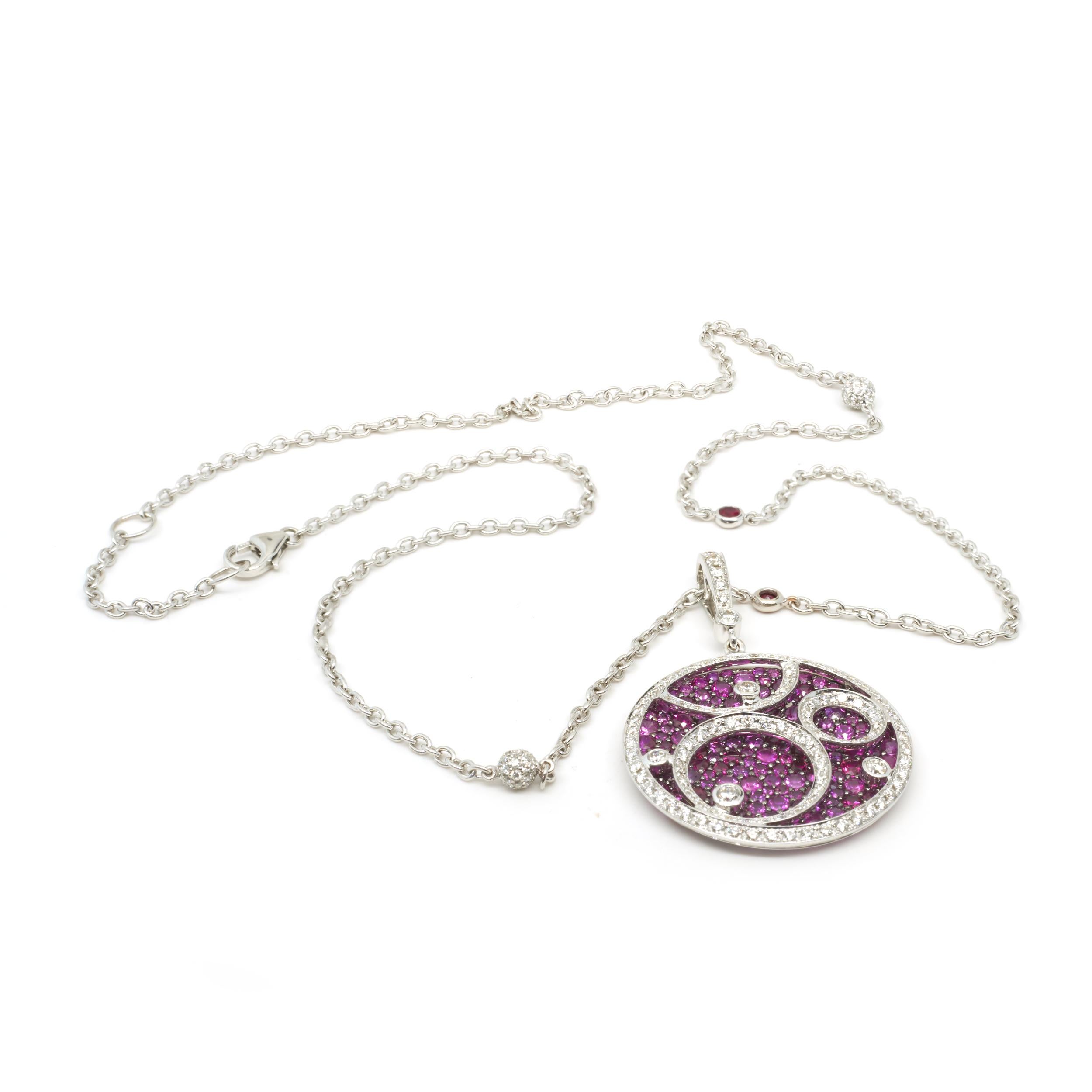 Salavetti 18 Karat White Gold Ruby and Diamond Circle Swirl Necklace In Excellent Condition In Scottsdale, AZ
