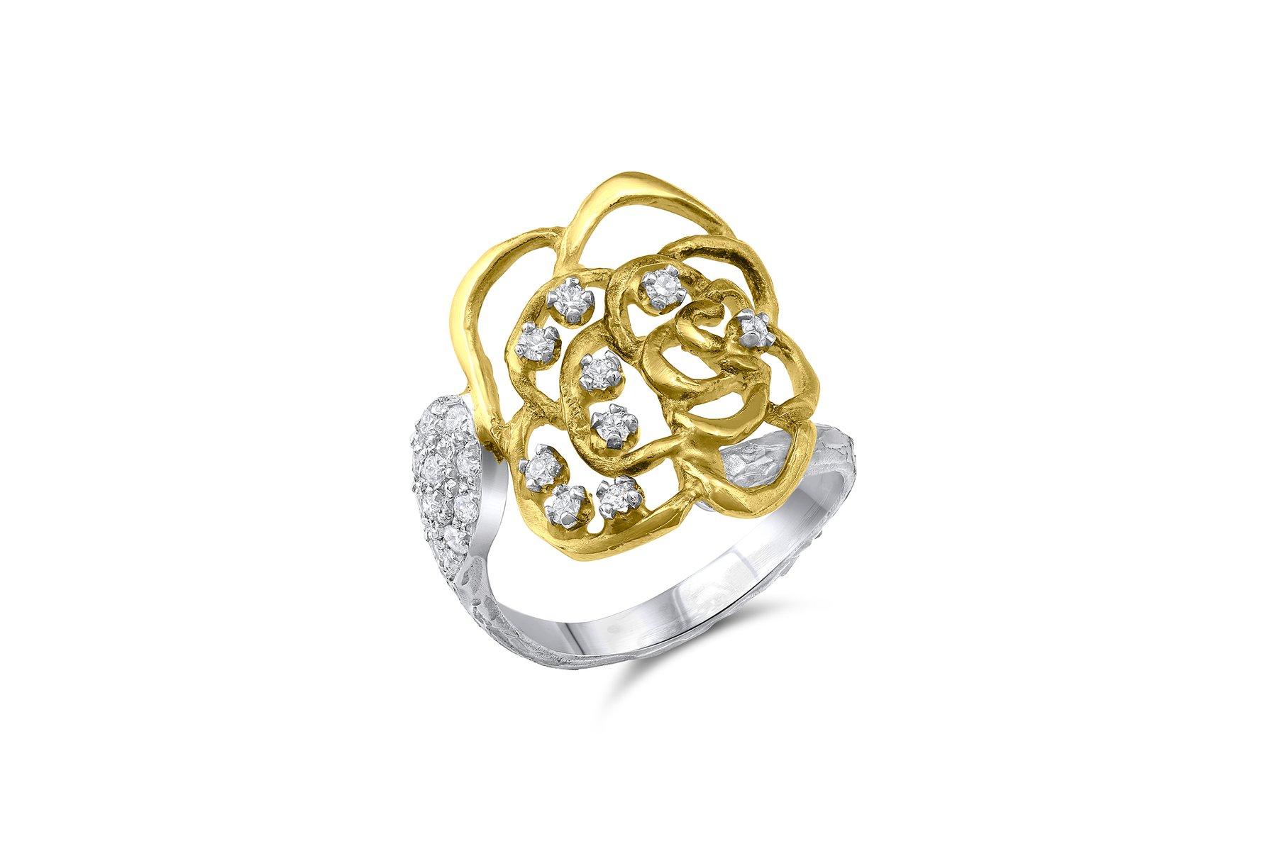 18k Yellow and White Gold Salavetti White Diamond Rose Ring, 3.80 DWT with Melee diamonds. 
Ring Size 7.75.