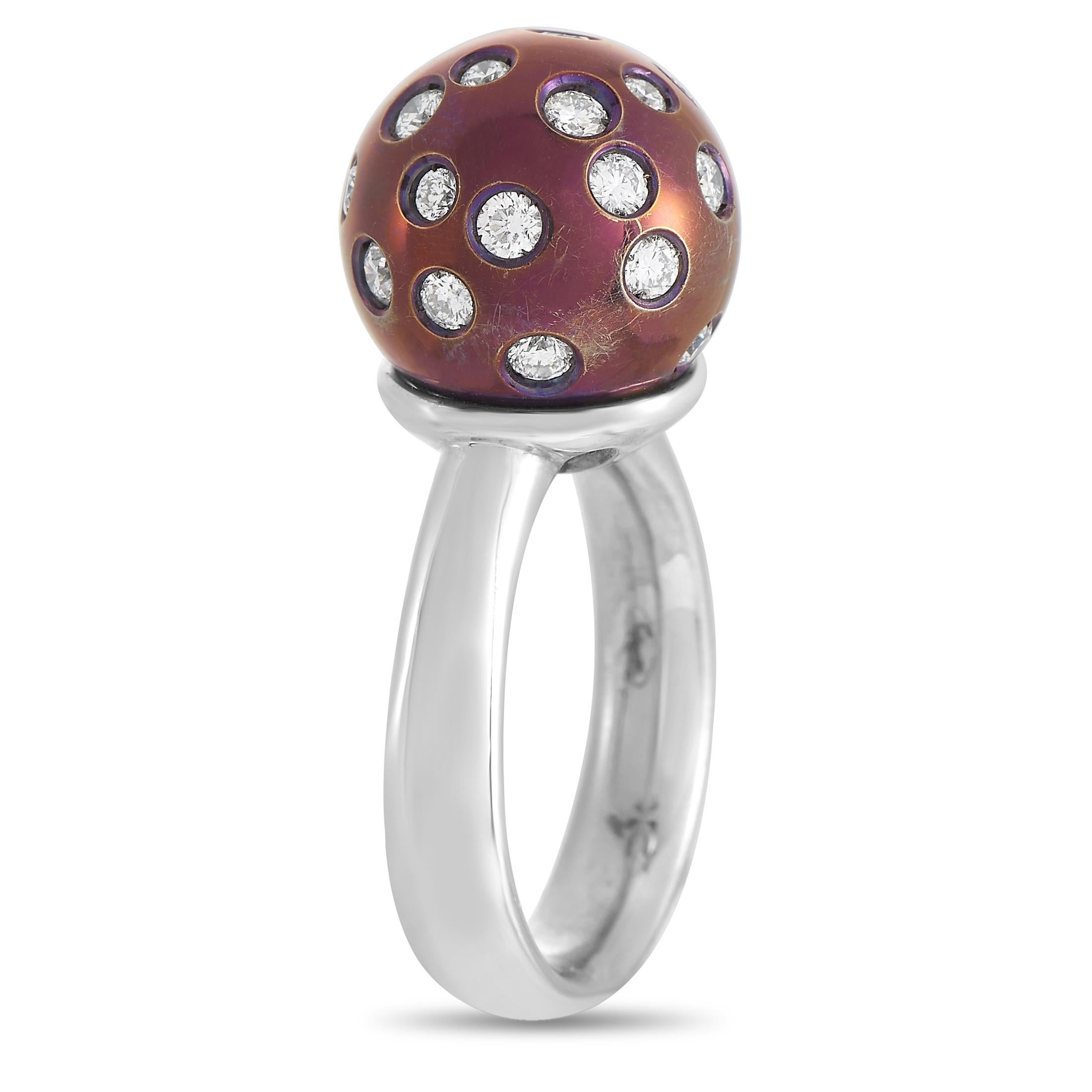 This ring from Salavetti is exceptionally gorgeous and unique. The ring is made of 18K white gold and has a metallic purple accent studded with 0.98 carats of diamonds.