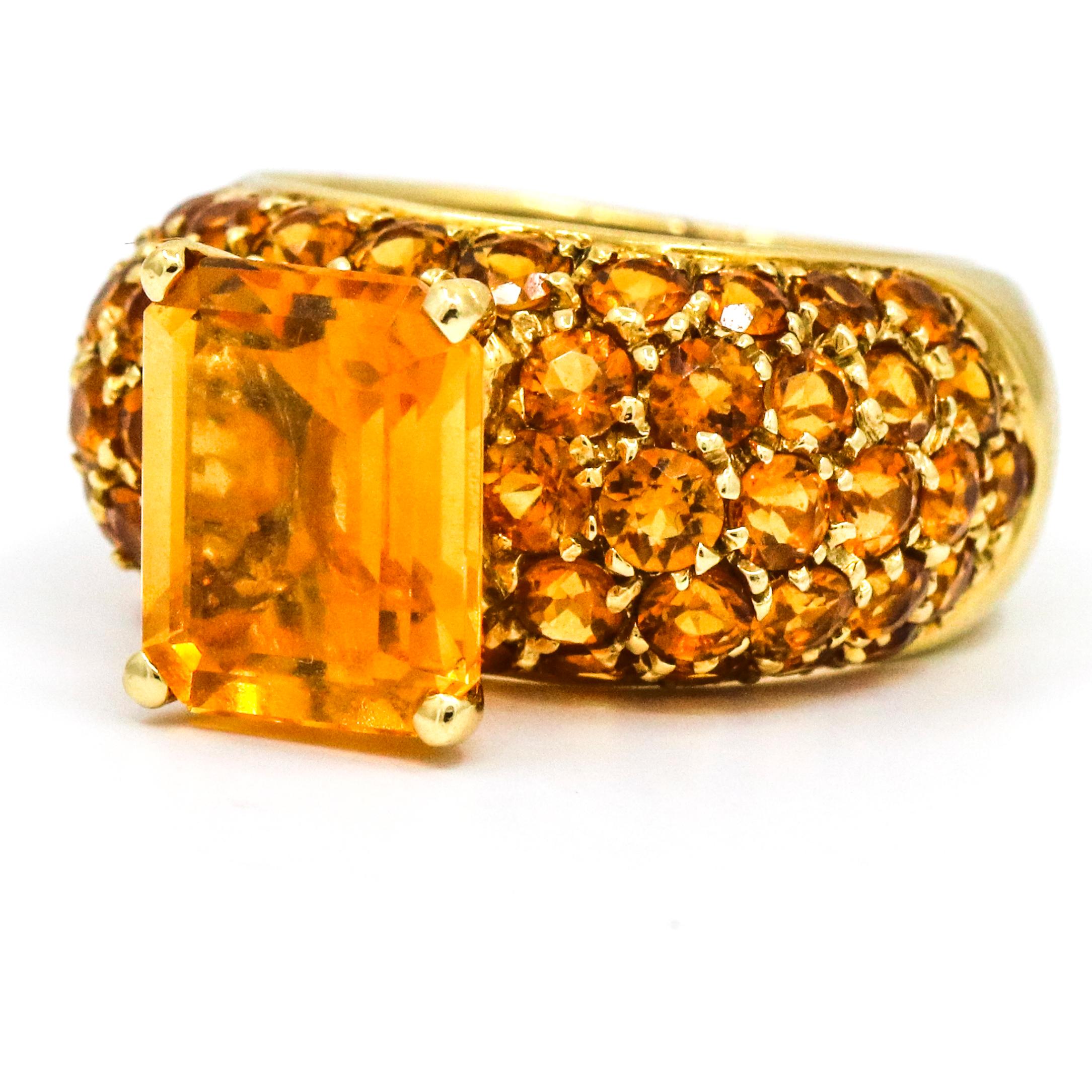 Emerald Cut Salavetti 18 Karat Yellow Gold Imperial Citrine Cocktail Ring For Sale