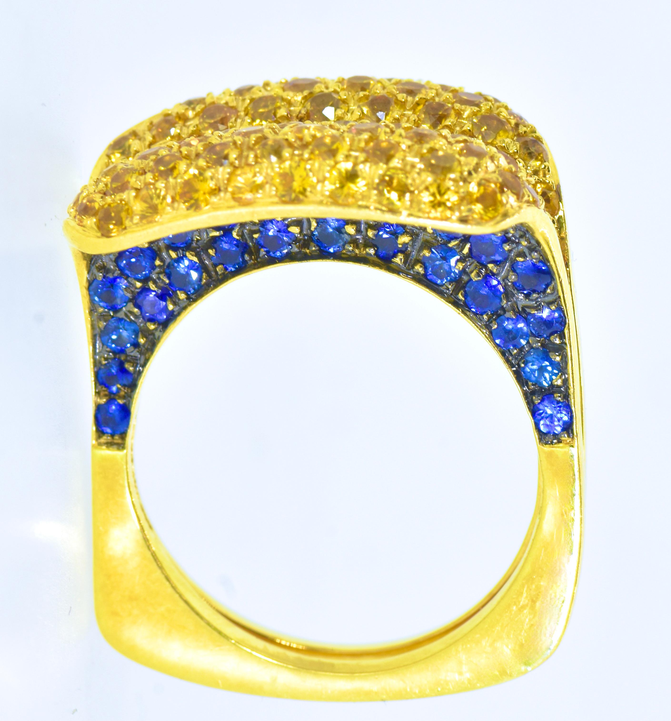 Modern Salavetti Blue and Yellow Sapphire Unusual 18K Ring For Sale