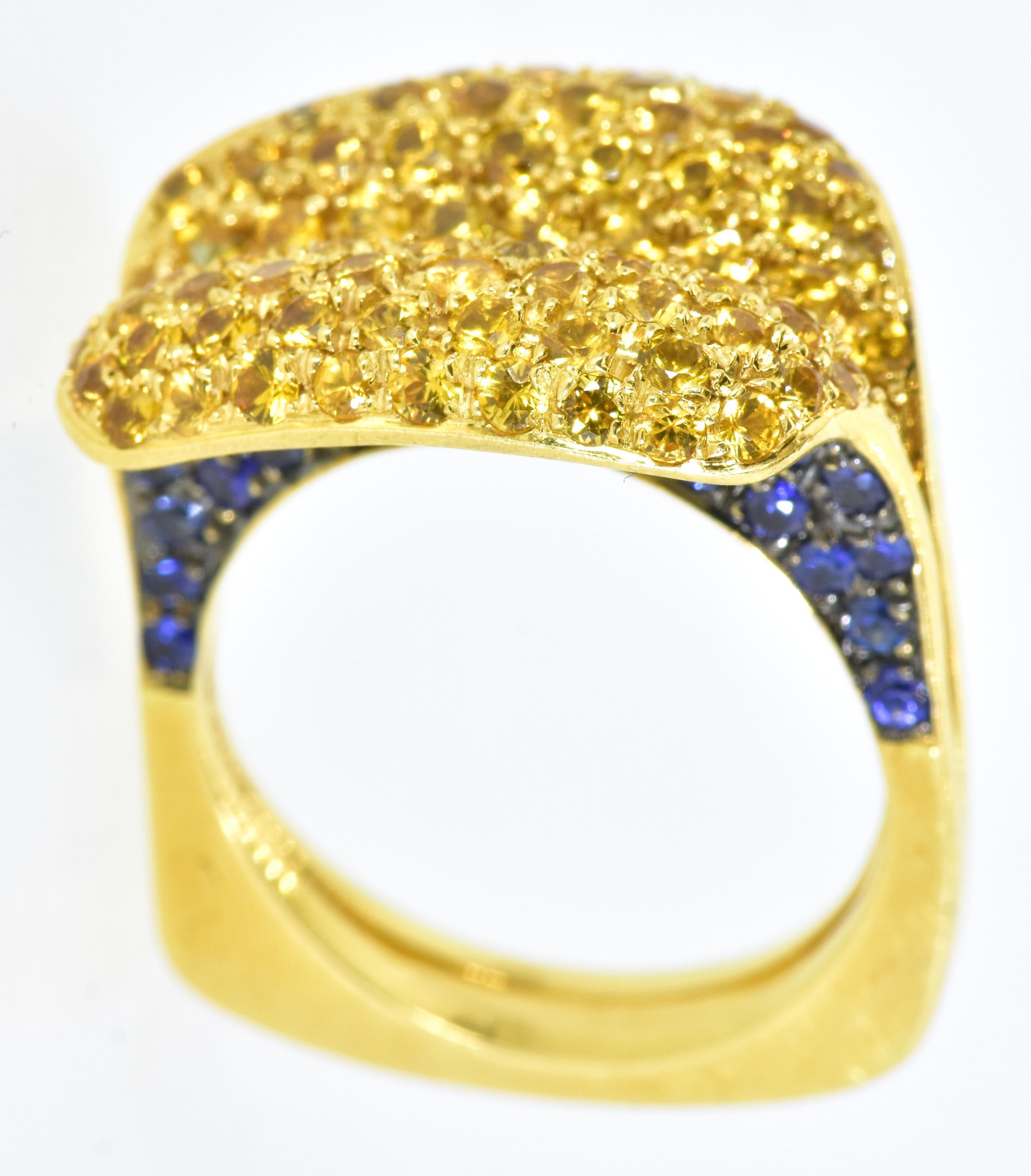 Brilliant Cut Salavetti Blue and Yellow Sapphire Unusual 18K Ring For Sale