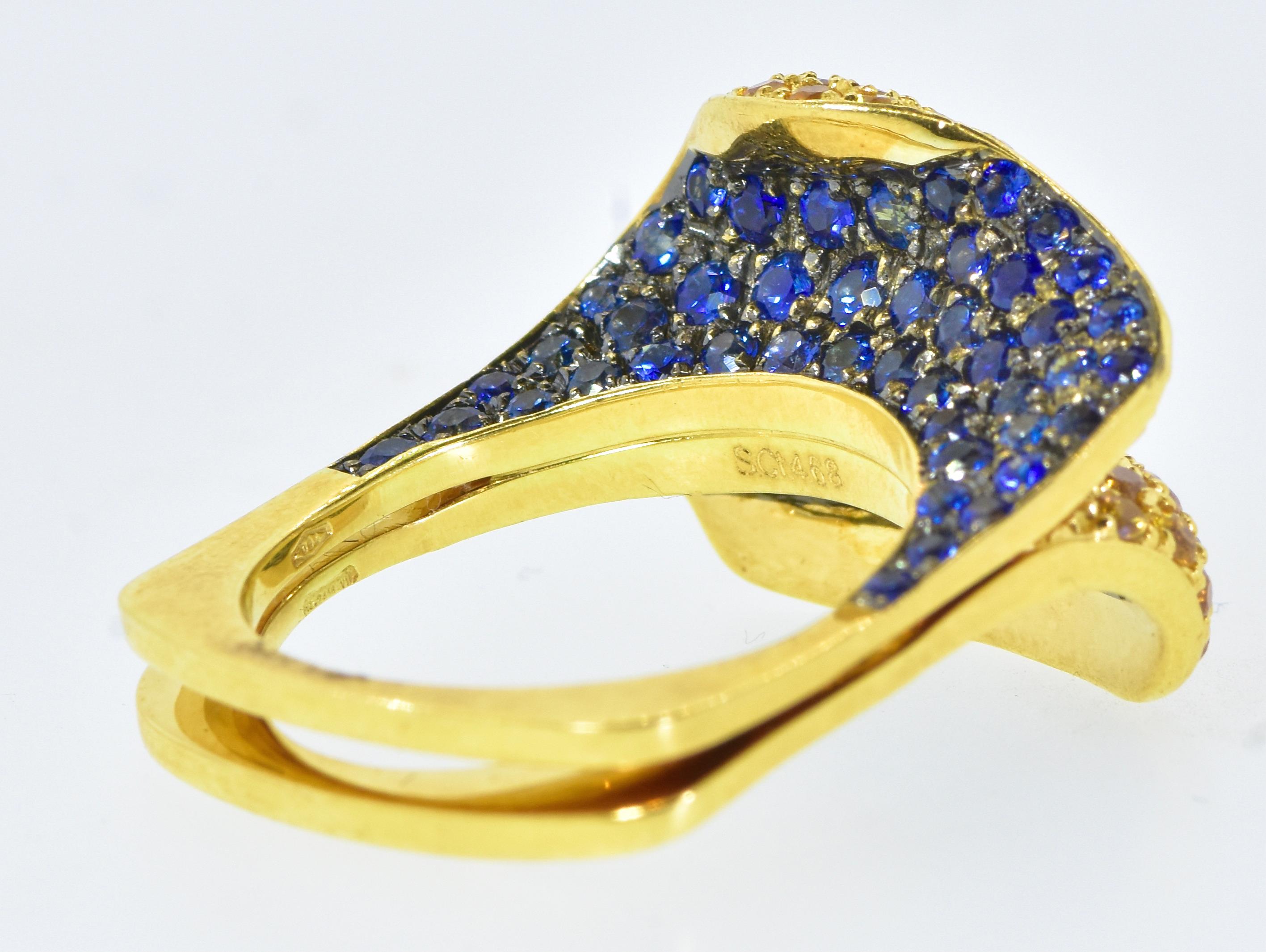 Salavetti Blau und Gelb Saphir Ungewöhnliche 18K Ring für Damen oder Herren im Angebot