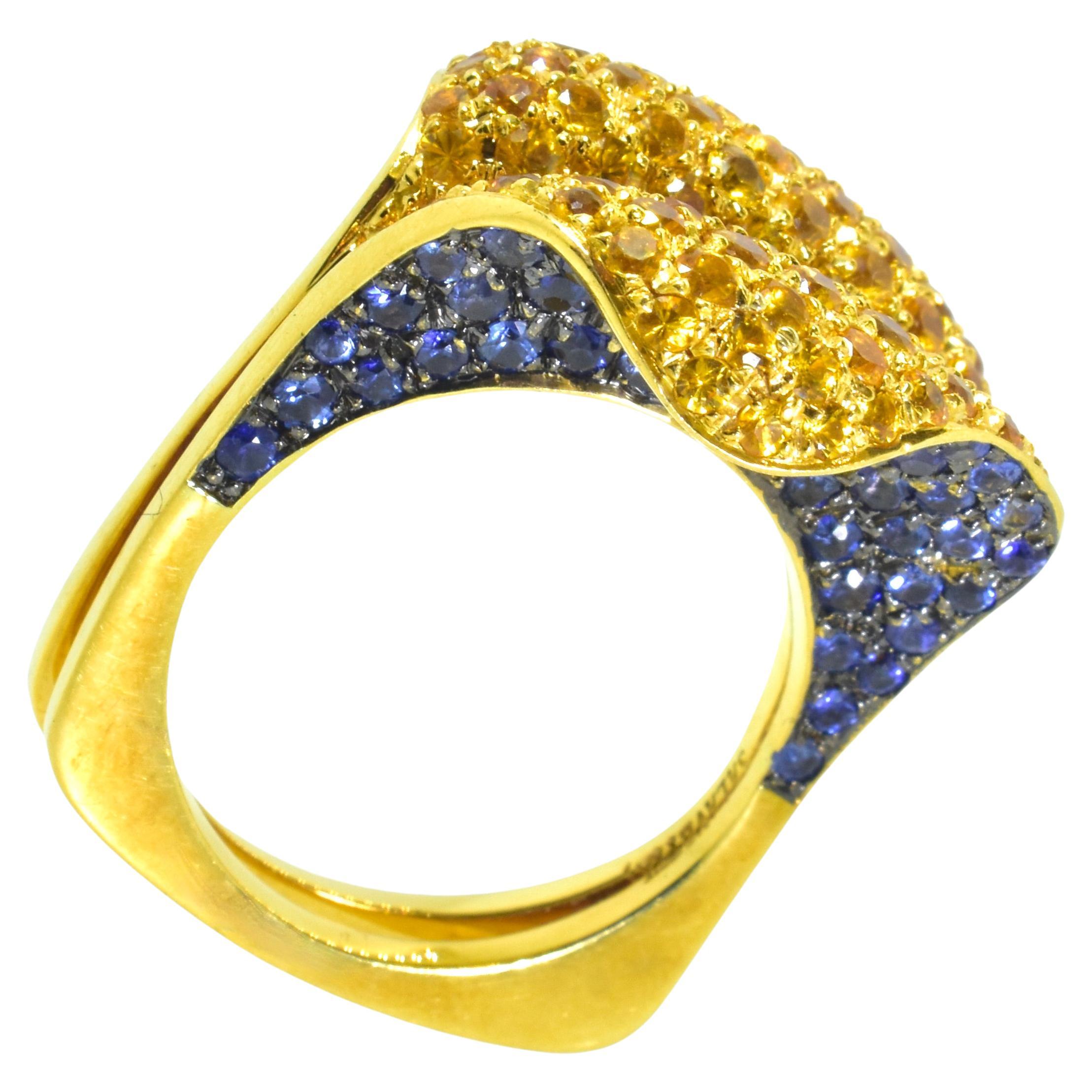 Salavetti Blue and Yellow Sapphire Unusual 18K Ring For Sale