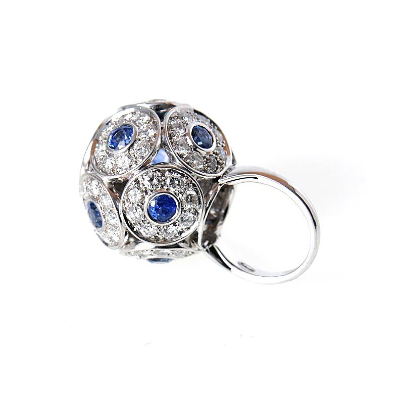 Salavetti Brilliant 18 Karat White Gold Diamond Sapphire Ball Ring In New Condition In Southampton, PA