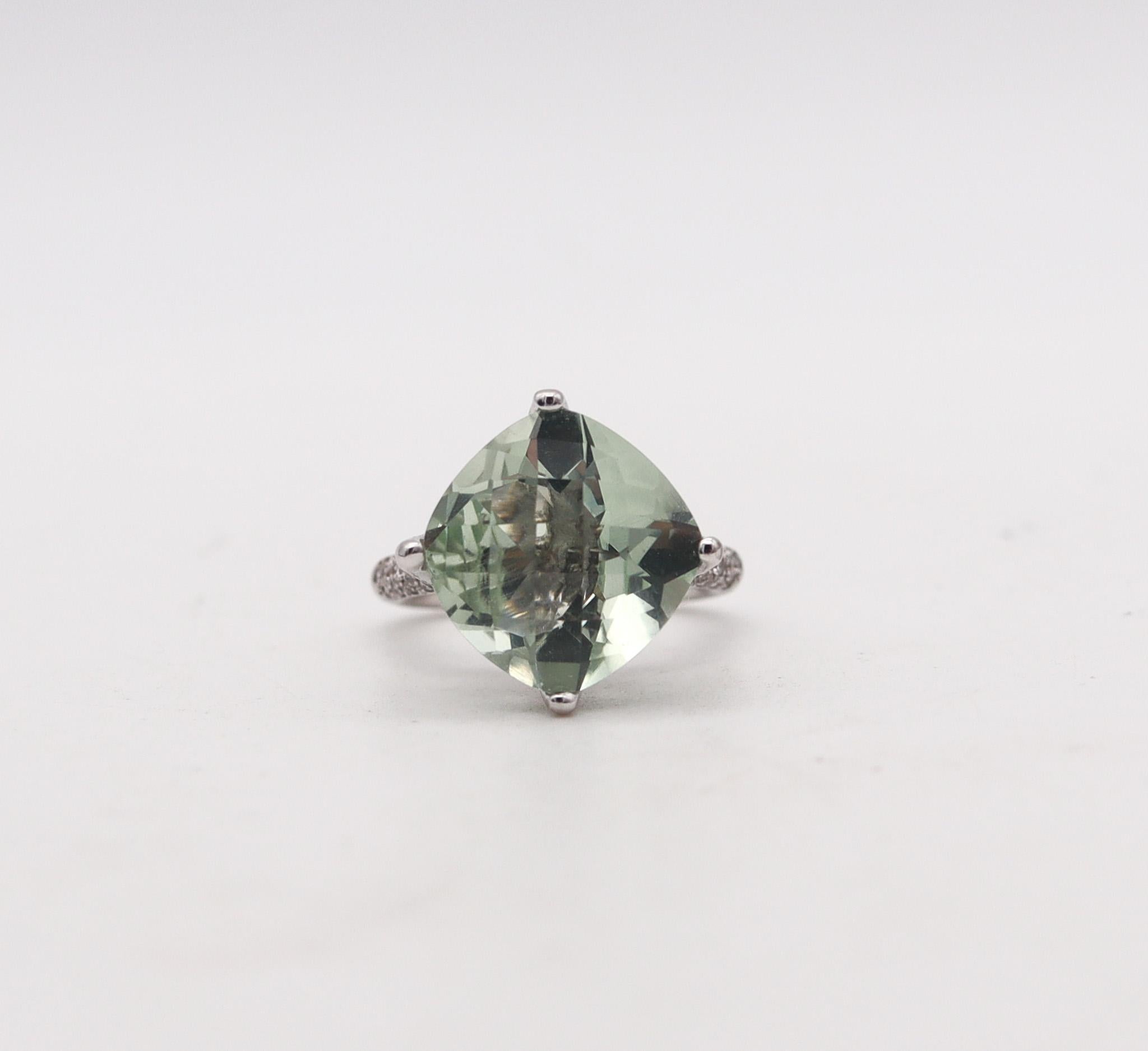 Modernist Salavetti Cocktail Ring In 18Kt White Gold With 9.52 Ctw Diamonds & Prasiolite For Sale