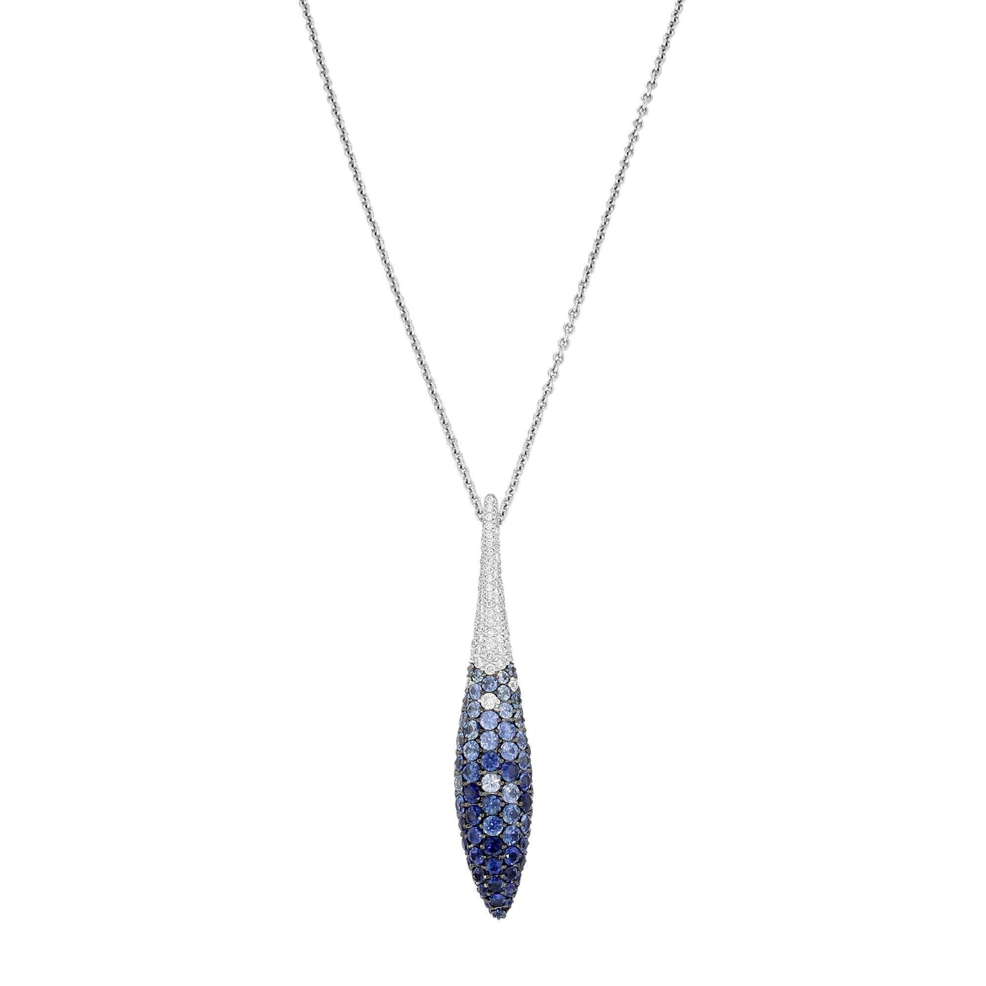 Modern Salavetti Diamond and Blue Sapphire Pendant Necklace 18K White Gold 0.28cttw For Sale
