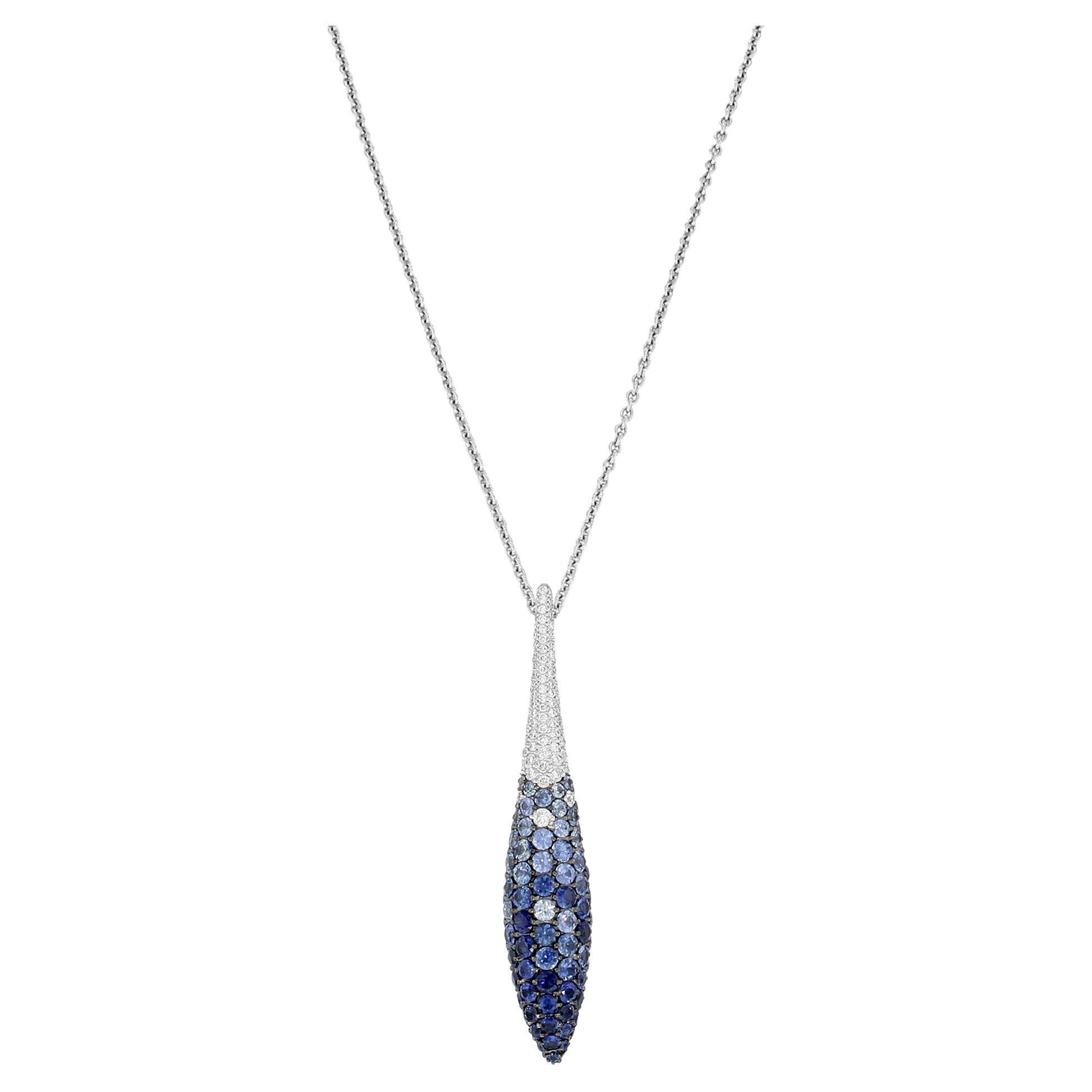 Salavetti Diamond and Blue Sapphire Pendant Necklace 18K White Gold 0.28cttw For Sale