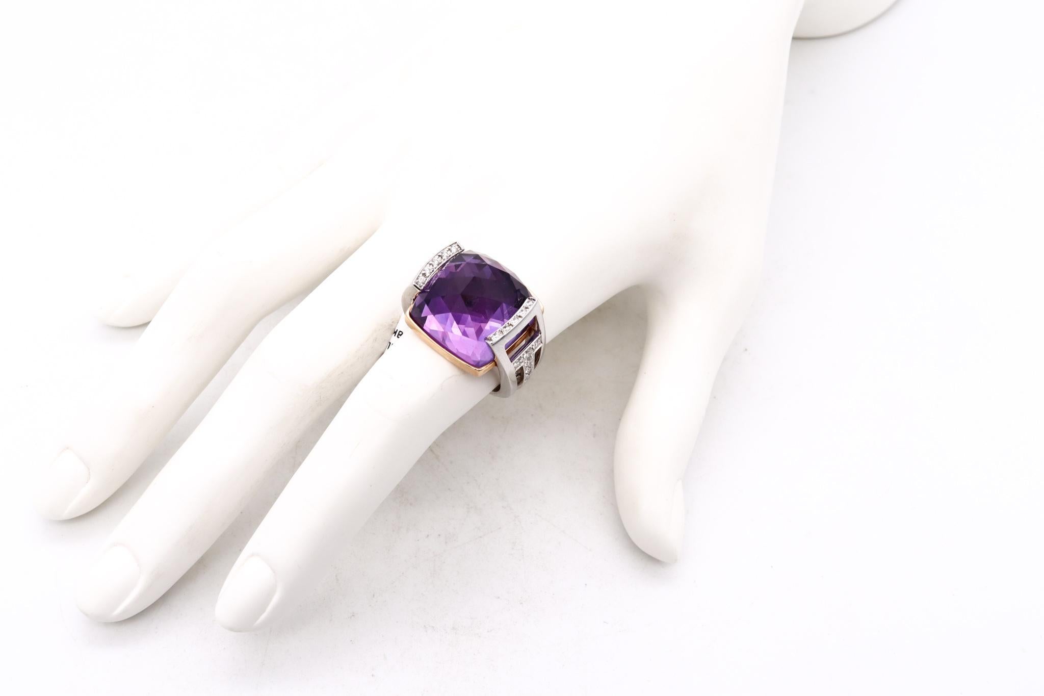 Contemporary Salavetti Italy Geometric Cocktail Ring 18Kt Gold 23.51 Cts Diamonds Amethyst For Sale
