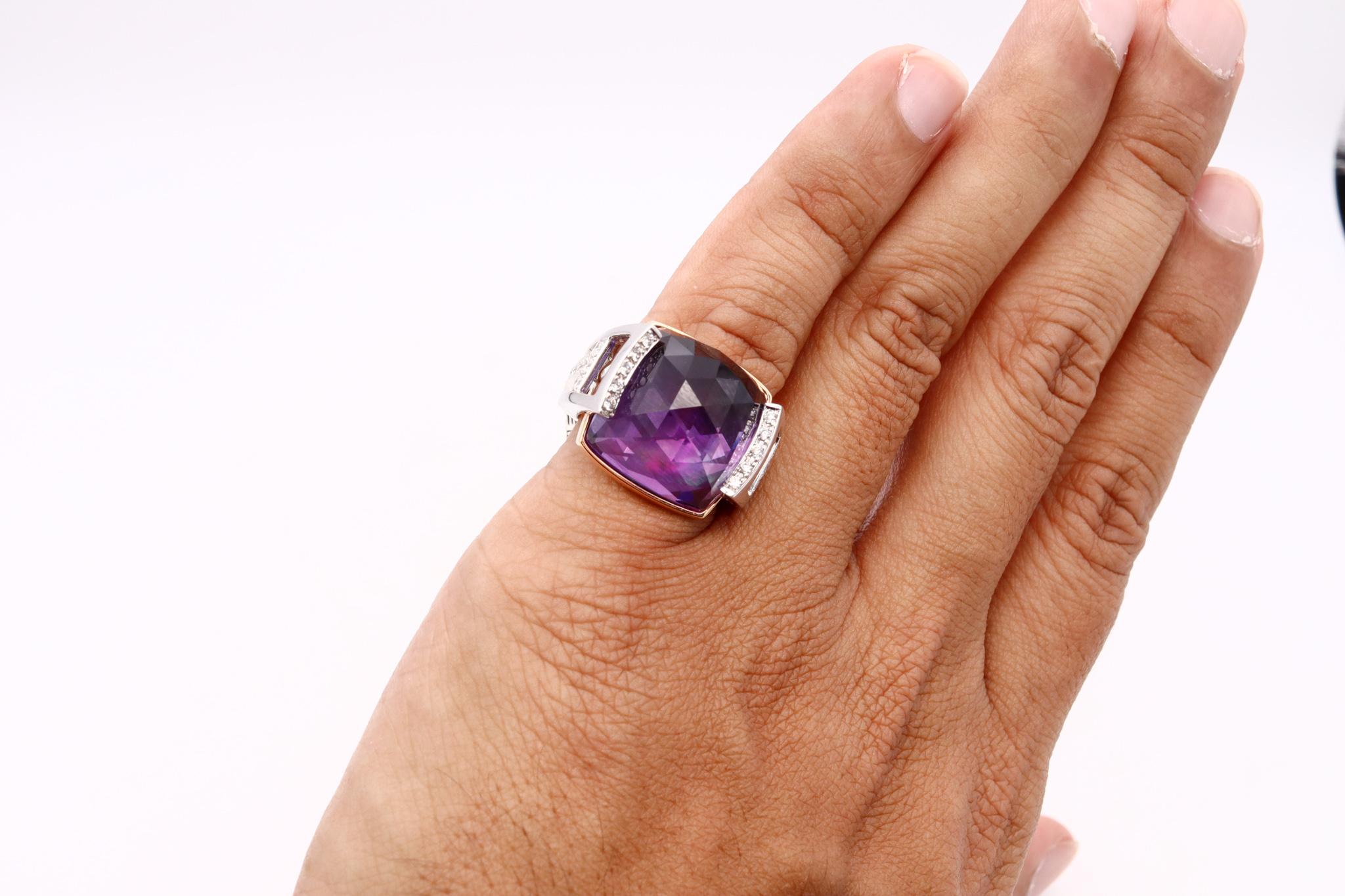 Salavetti Italy Geometric Cocktail Ring 18Kt Gold 23.51 Cts Diamonds Amethyst In Excellent Condition For Sale In Miami, FL