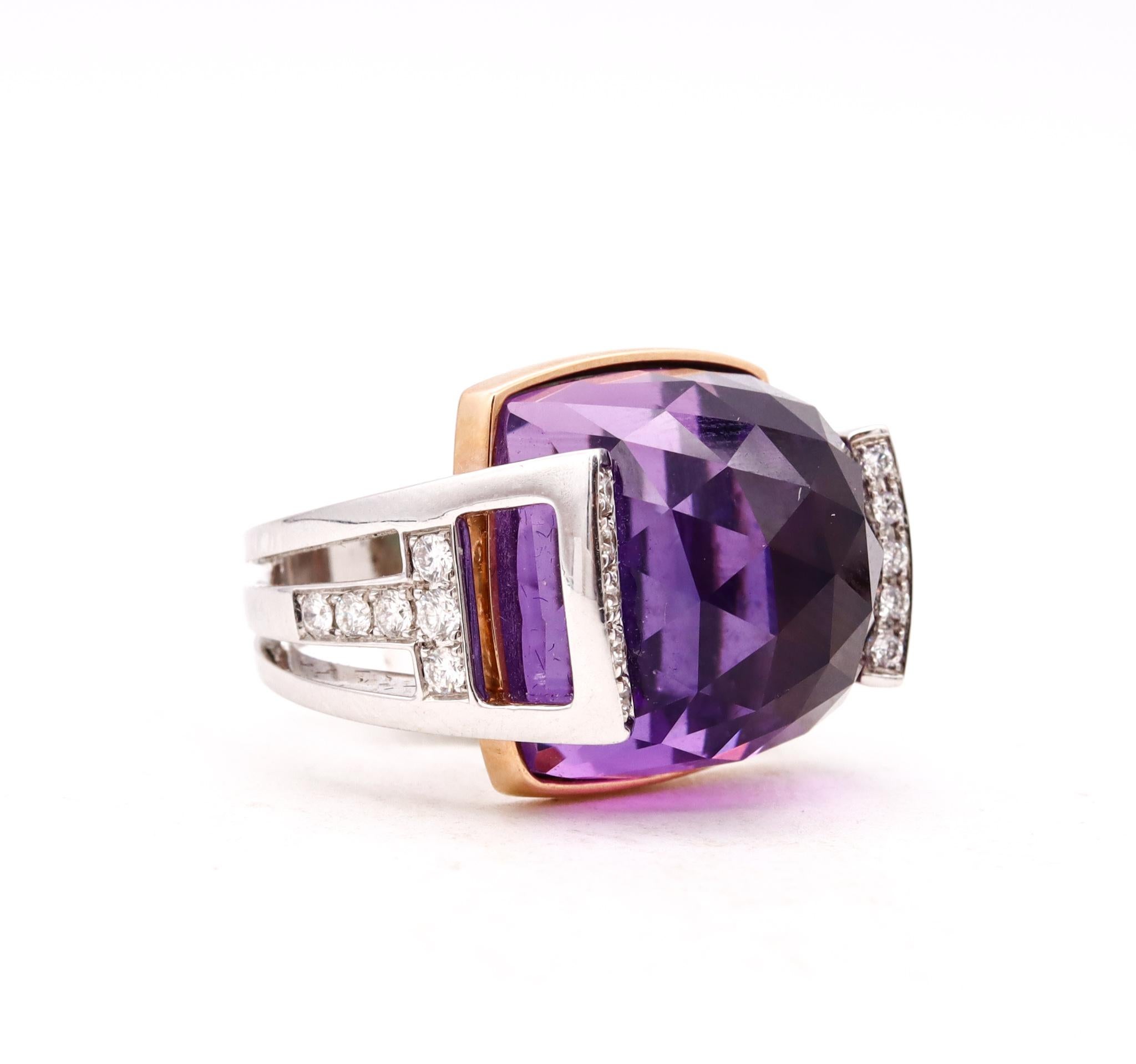 Women's or Men's Salavetti Italy Geometric Cocktail Ring 18Kt Gold 23.51 Cts Diamonds Amethyst For Sale