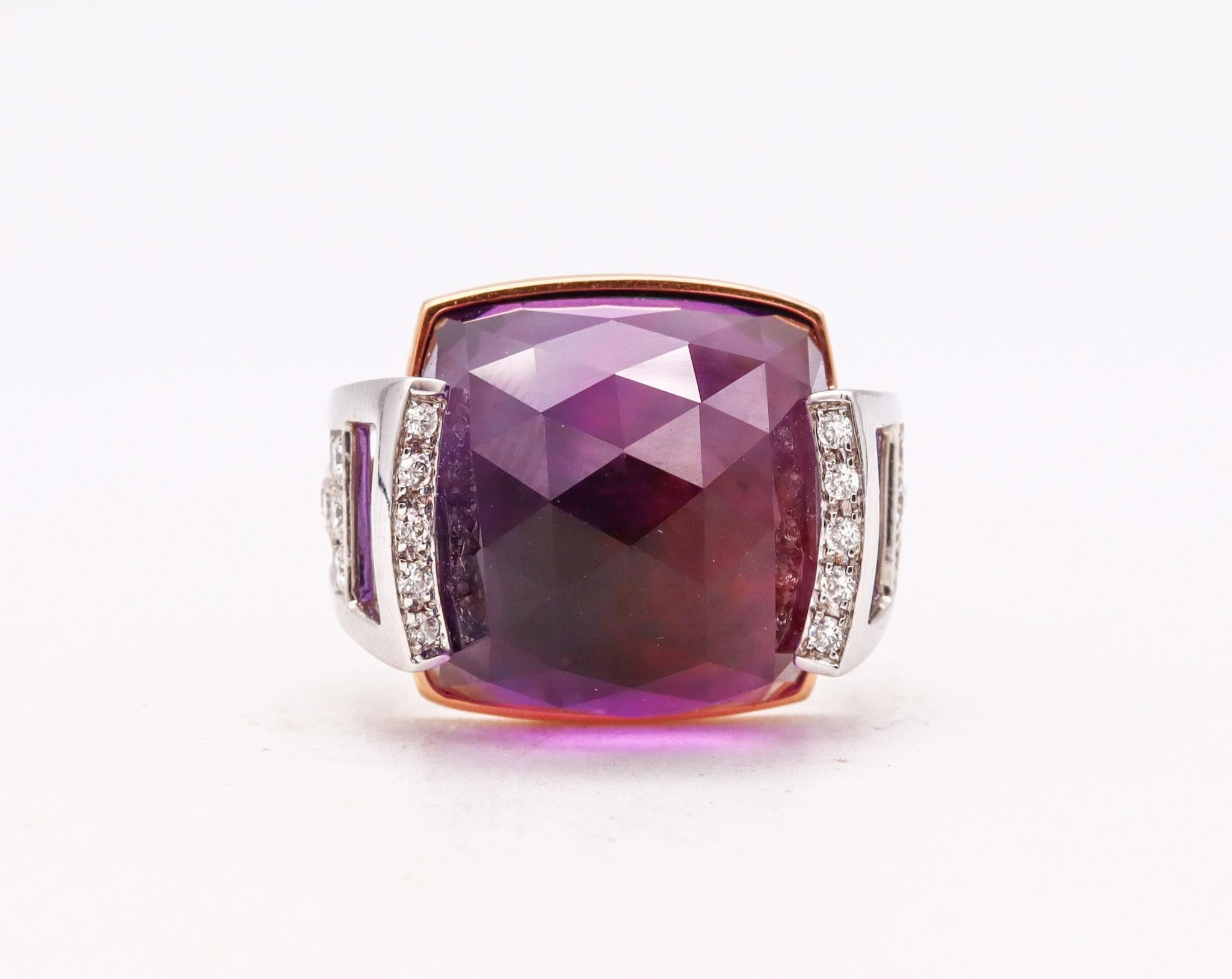 Salavetti Italy Geometric Cocktail Ring 18Kt Gold 23.51 Cts Diamonds Amethyst For Sale 1