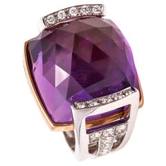 Salavetti Italy Geometric Cocktail Ring 18Kt Gold 23.51 Cts Diamonds Amethyst