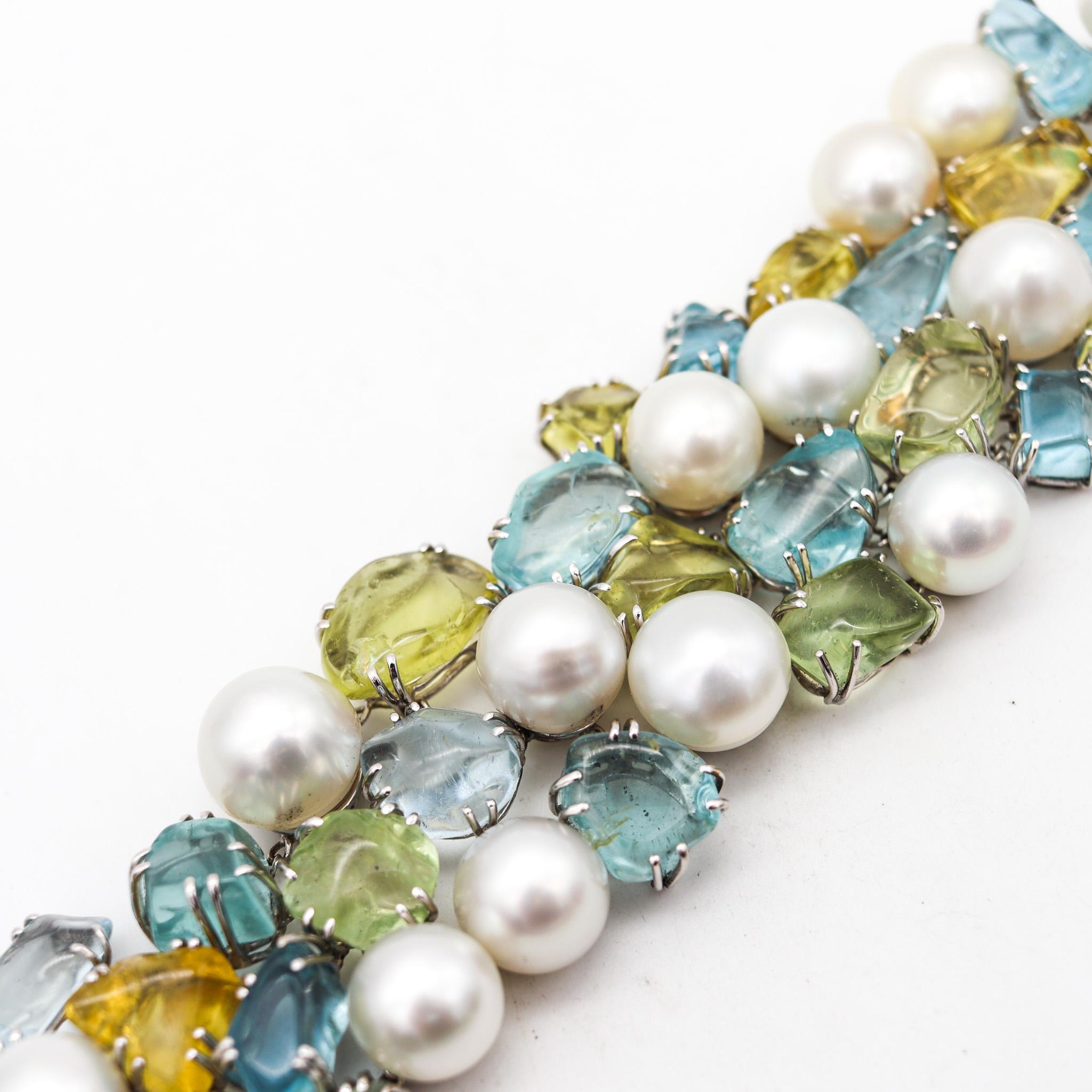 Cabochon Salavetti Pearls Bracelet In 18Kt White Gold With 108 Ctw Aquamarines And Beryl For Sale
