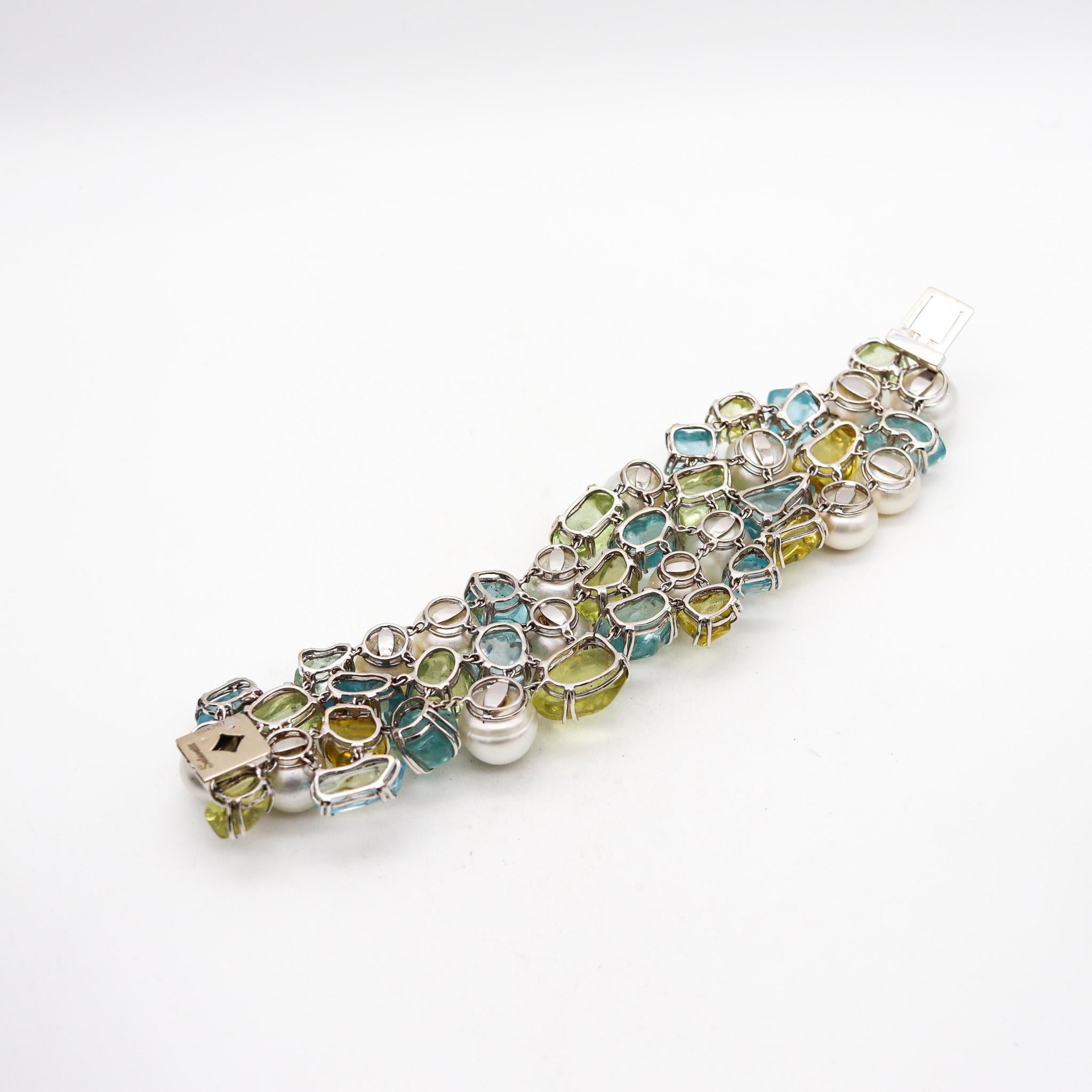 Salavetti Pearls Bracelet In 18Kt White Gold With 108 Ctw Aquamarines And Beryl In Excellent Condition For Sale In Miami, FL