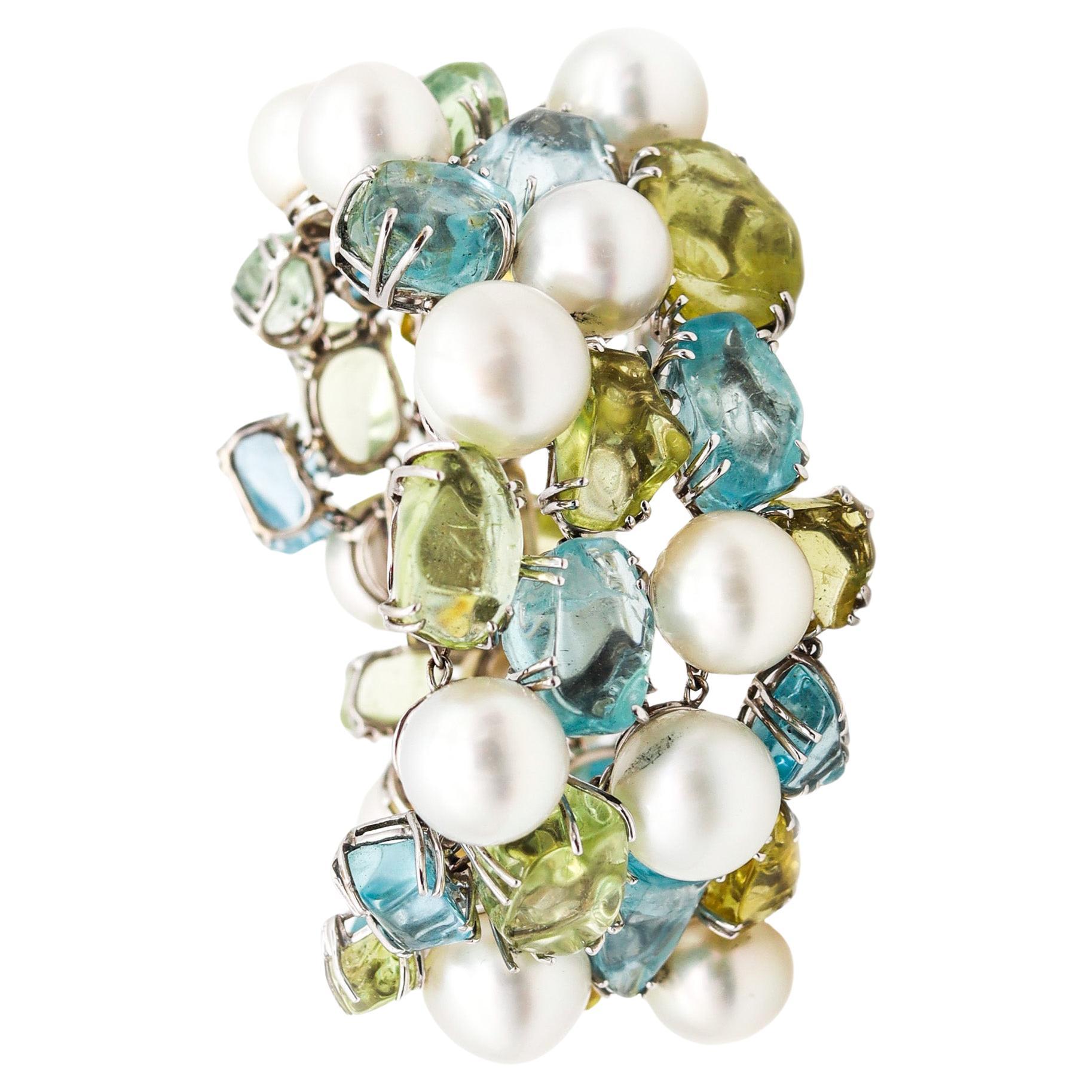 Salavetti Pearls Bracelet In 18Kt White Gold With 108 Ctw Aquamarines And Beryl For Sale