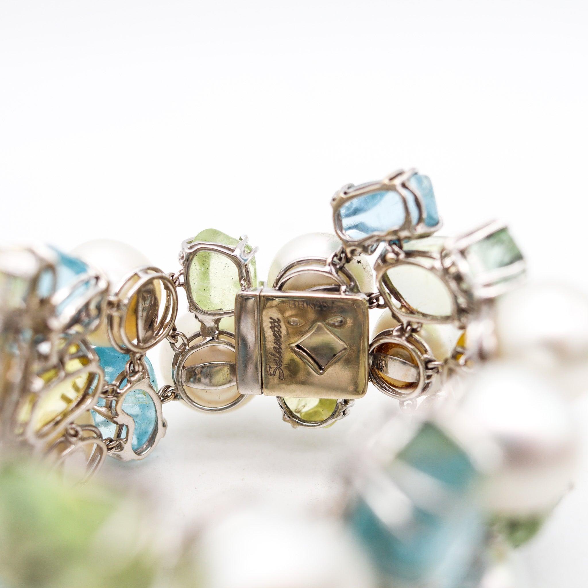 Modernist SALAVETTI Pearls Bracelet In 18Kt White Gold With 108 Ctw Aquamarines And Beryls For Sale