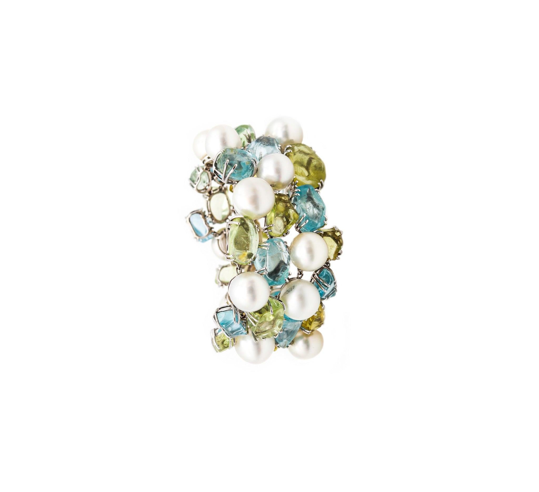 Cabochon SALAVETTI Pearls Bracelet In 18Kt White Gold With 108 Ctw Aquamarines And Beryls For Sale