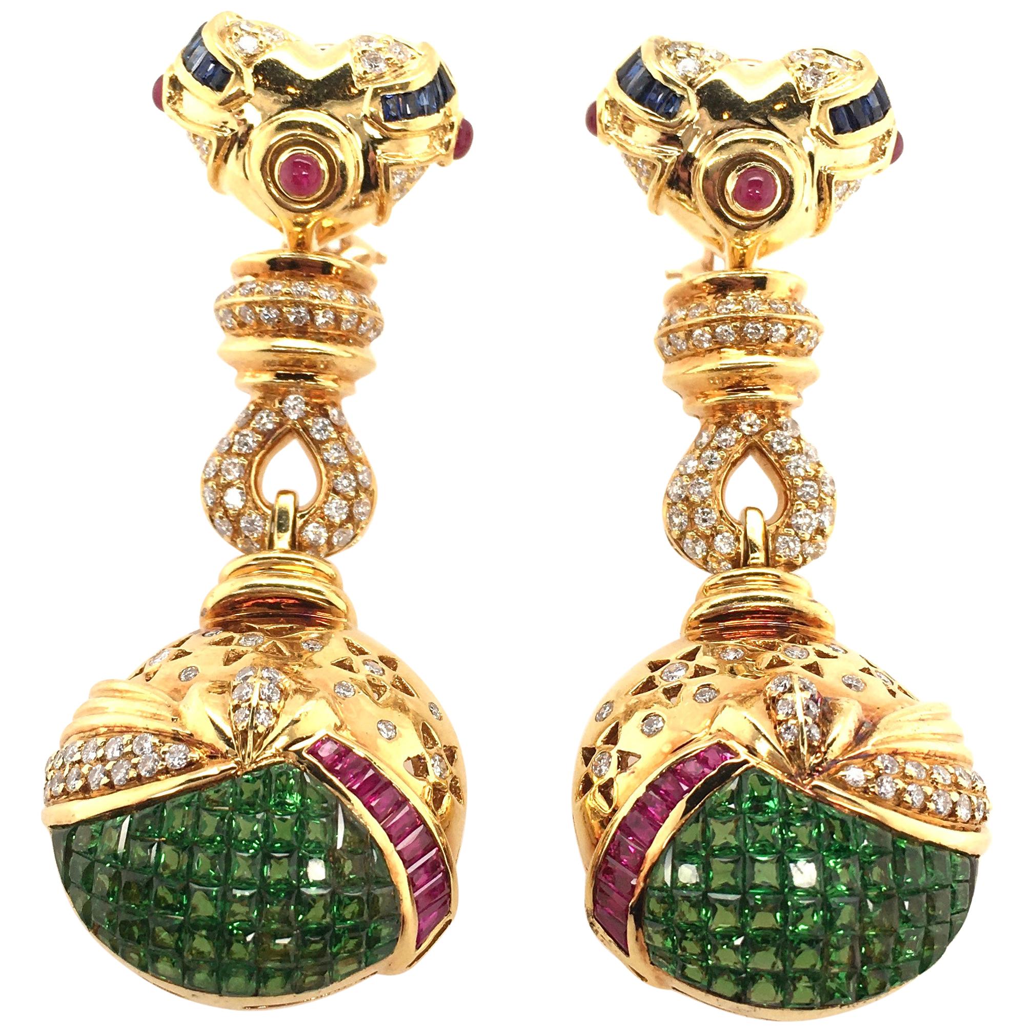 Salavetti Tsavorite Garnet, Ruby, Sapphire, Diamond and Gold Earrings
