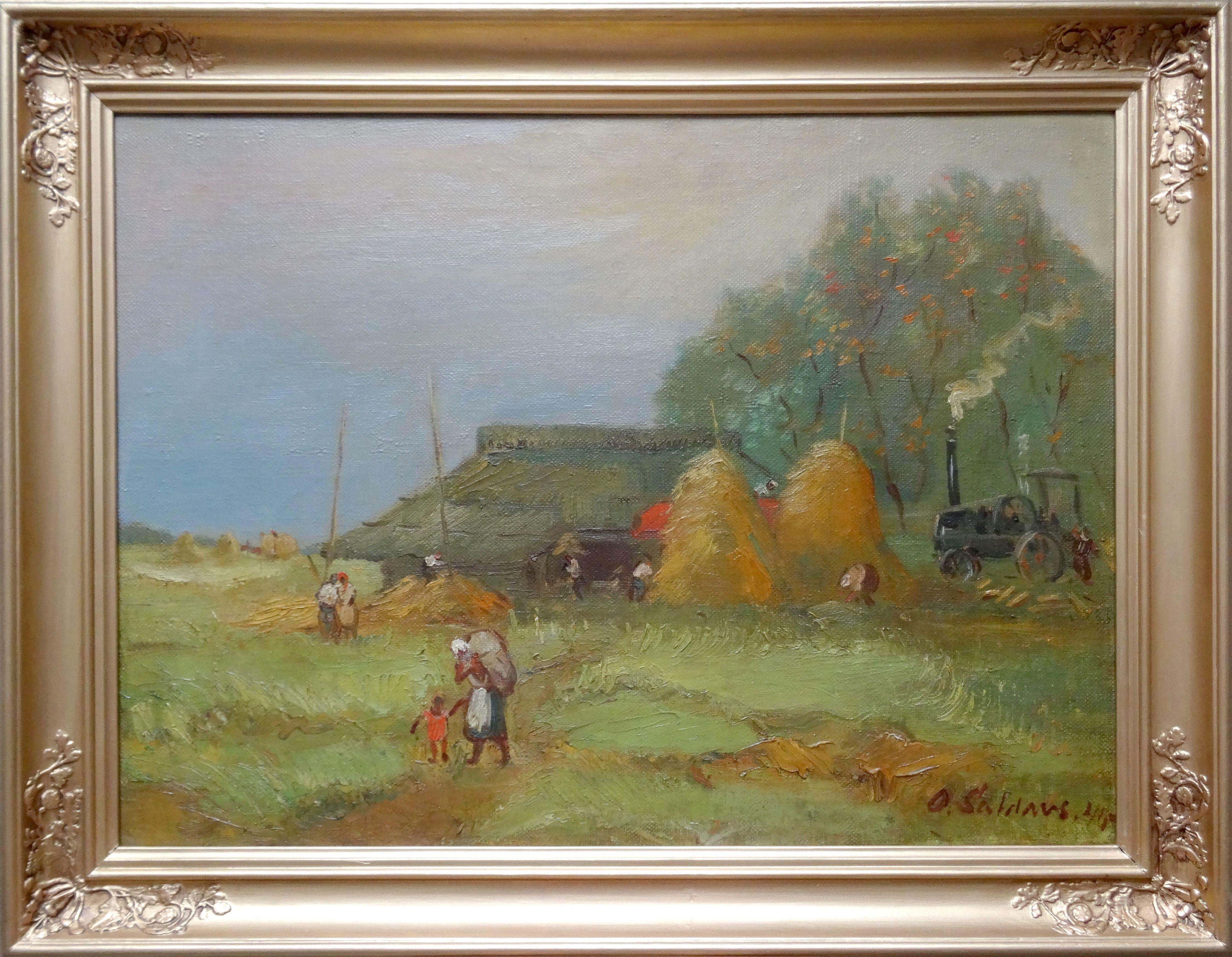 Threshing 1940. Canvas, oil. 54.5x73.5 cm - Painting by Saldavs Olgerts