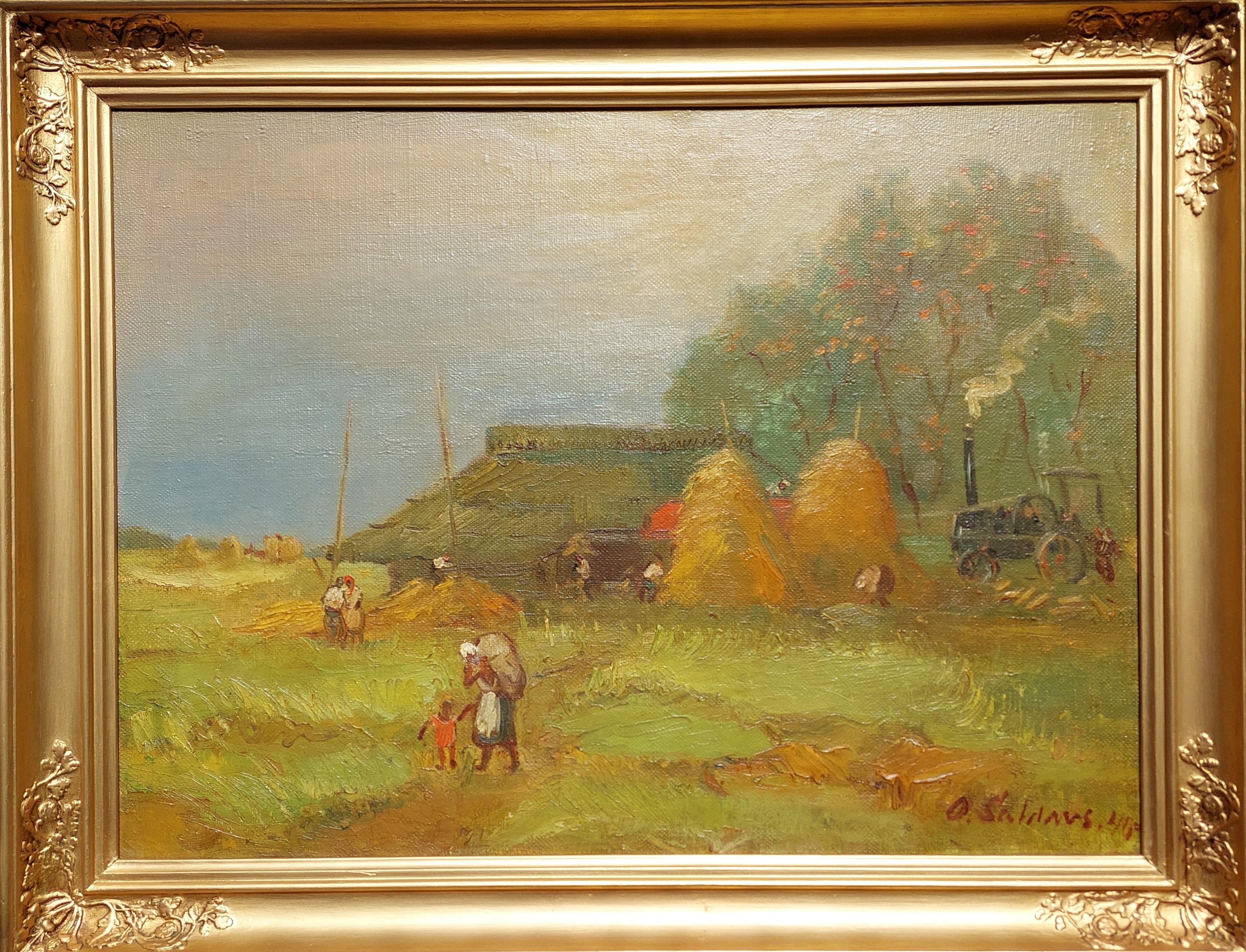 Threshing 1940. Canvas, oil. 54.5x73.5 cm

Artist painted scene of every day life of countryside people in working atmosphere - threshing and haying. There is captured two haystacks, tractor, barn, and people in working process.

Information about
