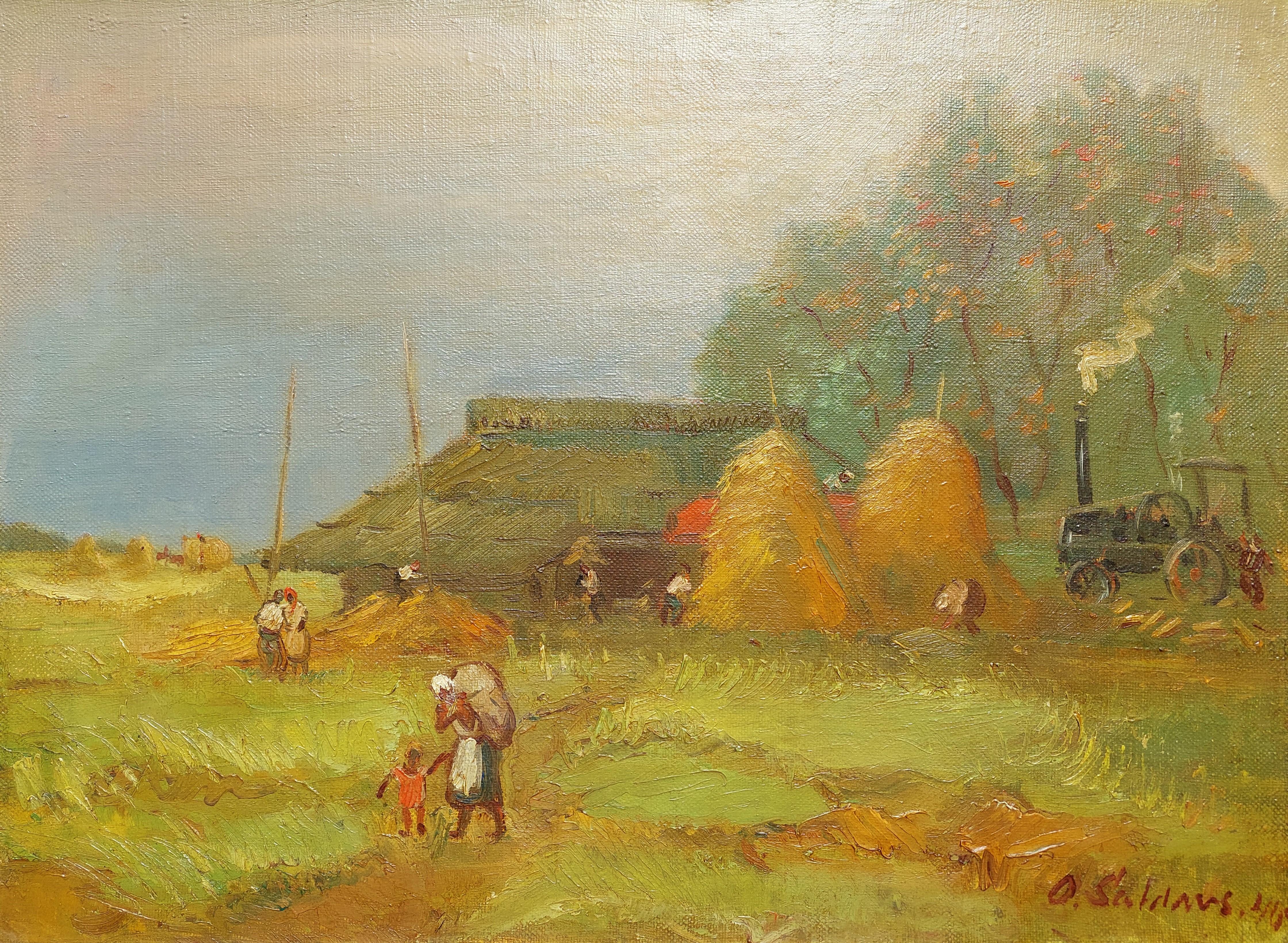 Threshing 1940. Canvas, oil. 54.5x73.5 cm - Realist Painting by Saldavs Olgerts