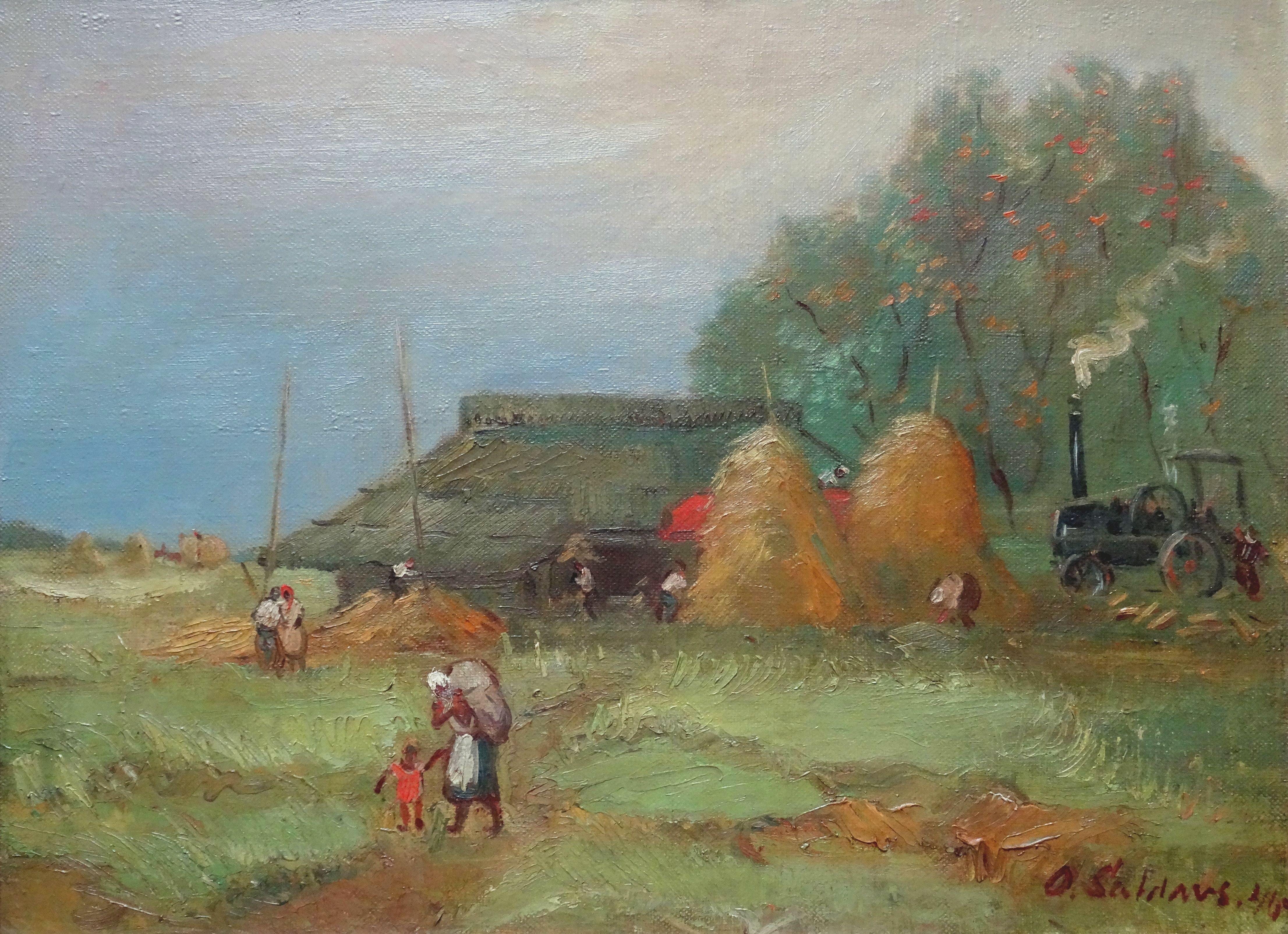 Saldavs Olgerts Figurative Painting - Threshing 1940. Canvas, oil. 54.5x73.5 cm