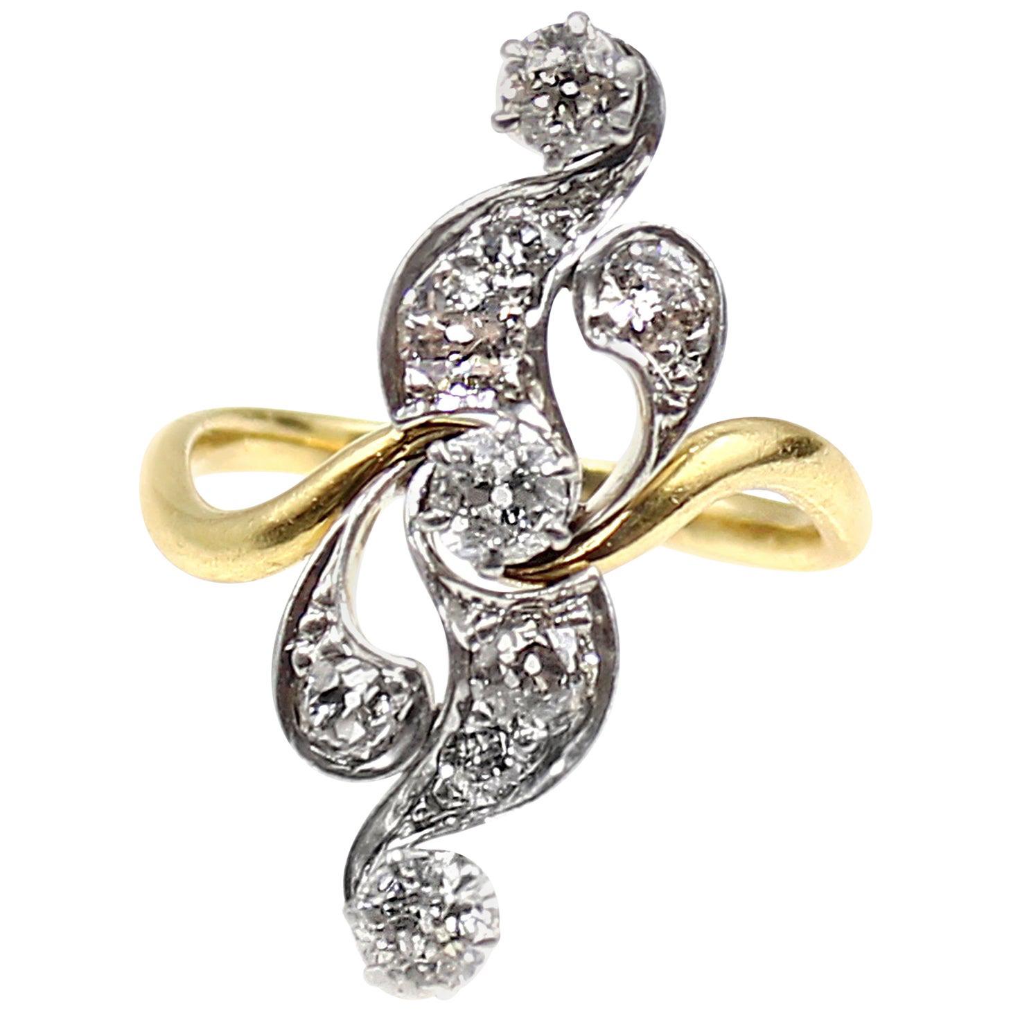 Belle Époque Diamond Platinum on Gold Scroll Ring For Sale