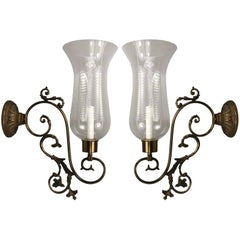 Antique Pair Italian Scrolled-Arm Hurricane Sconces Circa 1940's