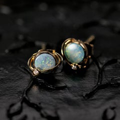 Sale! Earth & Moon Design Doublet Opal Stud Earrings 18K Yellow Gold