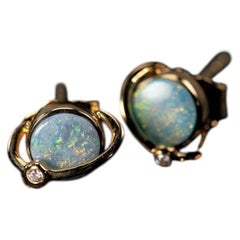 Sale! Earth & Moon Design Doublet Opal Stud Earrings 18K Yellow Gold