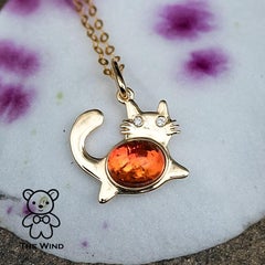 Sale! Fat Orange Cat - Mexican Fire Opal & Diamond Necklace 14K Yellow Gold