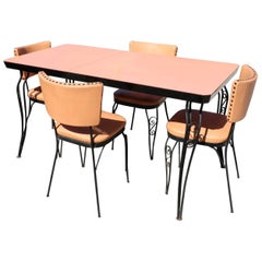 SALE!  Peachy Mid-Century Modern Formica Table Four Chairs, Iron Frame, 1950's
