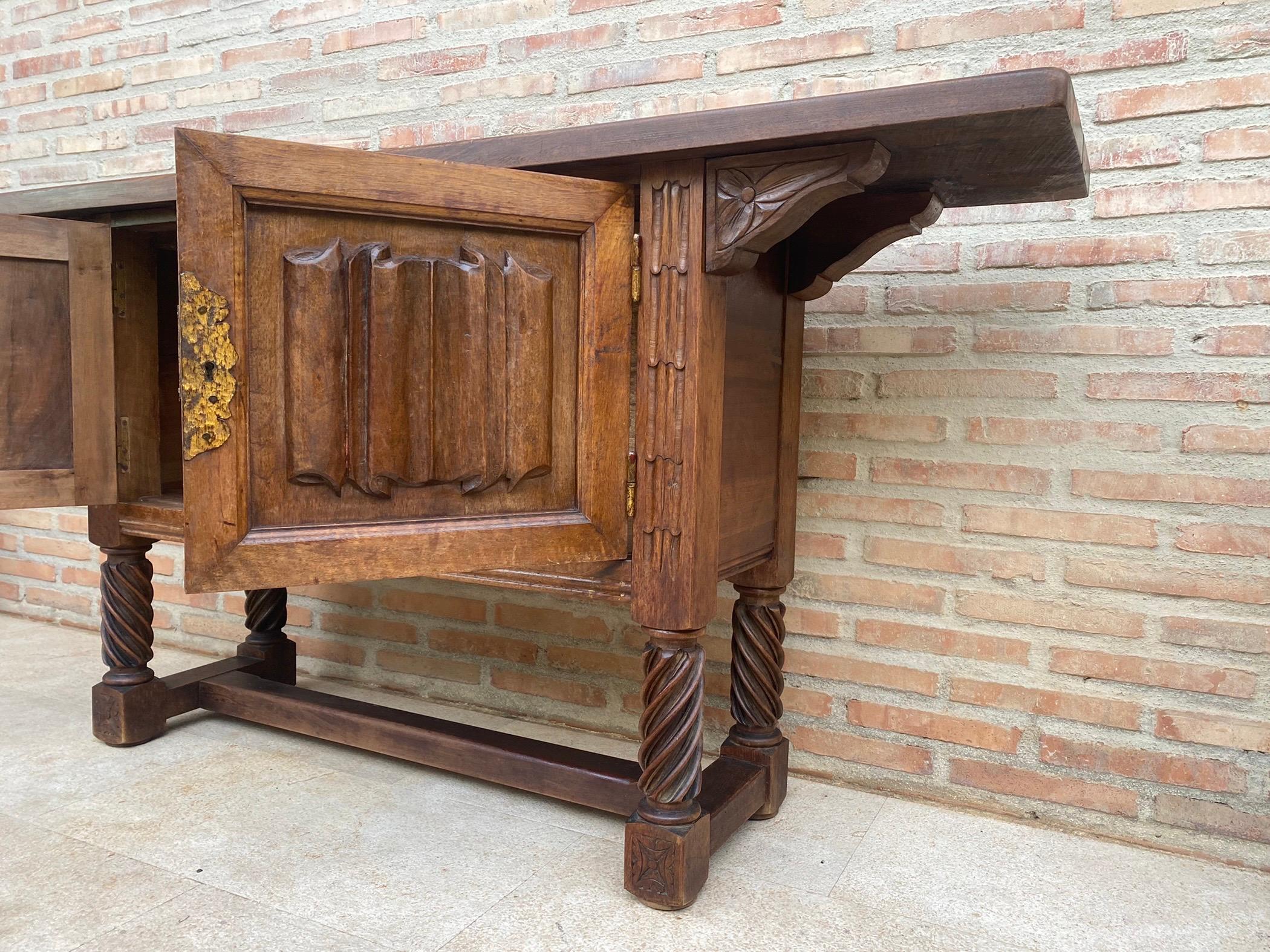 Sale Spanish Hand Carved Console Table with Two Doors In Good Condition For Sale In Miami, FL
