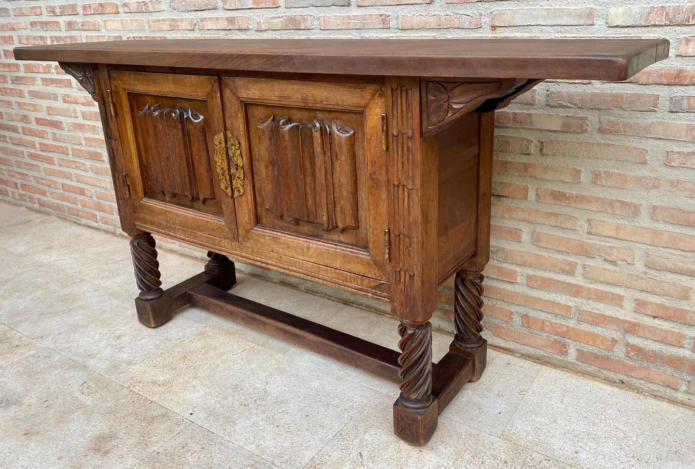 20th Century Sale Spanish Hand Carved Console Table with Two Doors For Sale